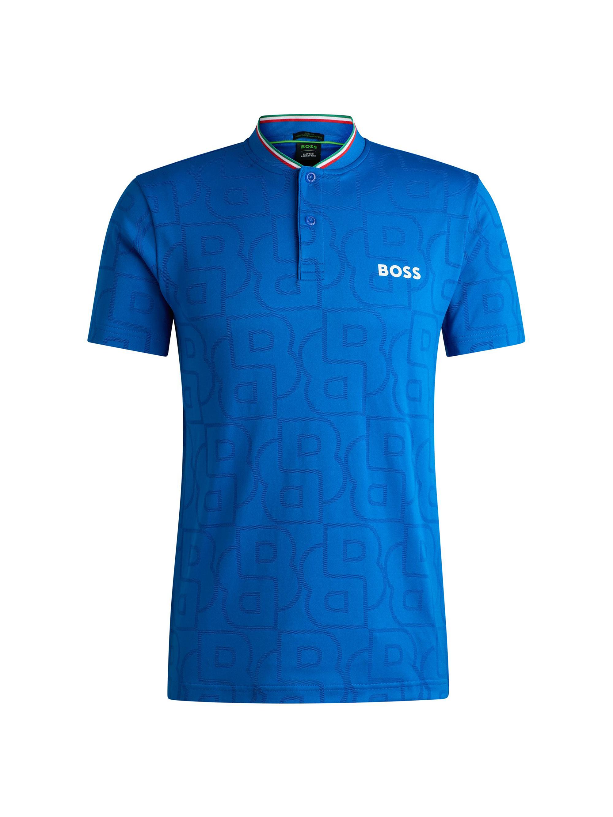 BOSS Men's  x Matteo Berrettini Polo Shirt in Monogram-Mesh Jacquard - Light Blue