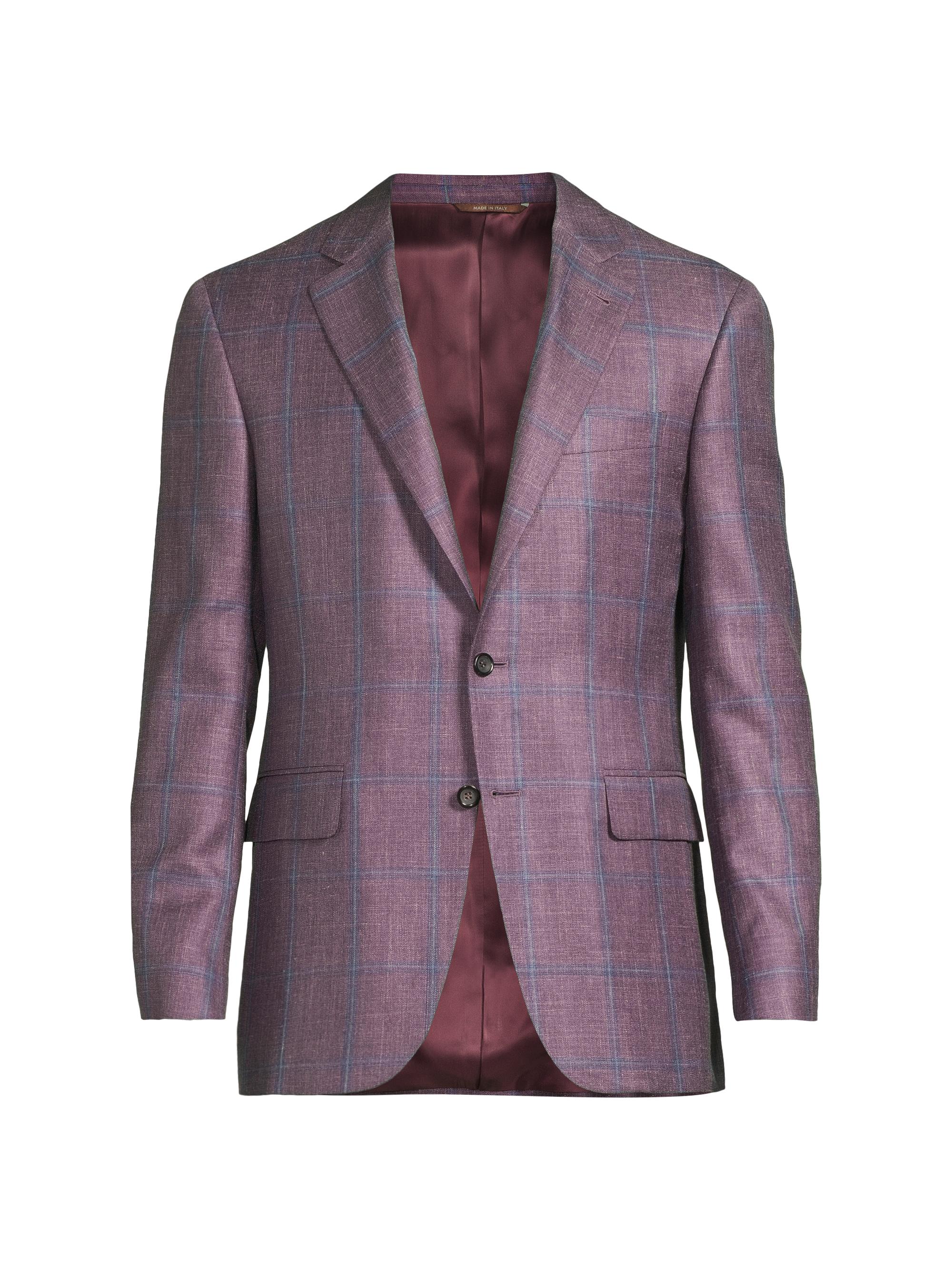 Canali Men's Windowpane Plaid Wool-Silk-Linen Sport Coat - Purple