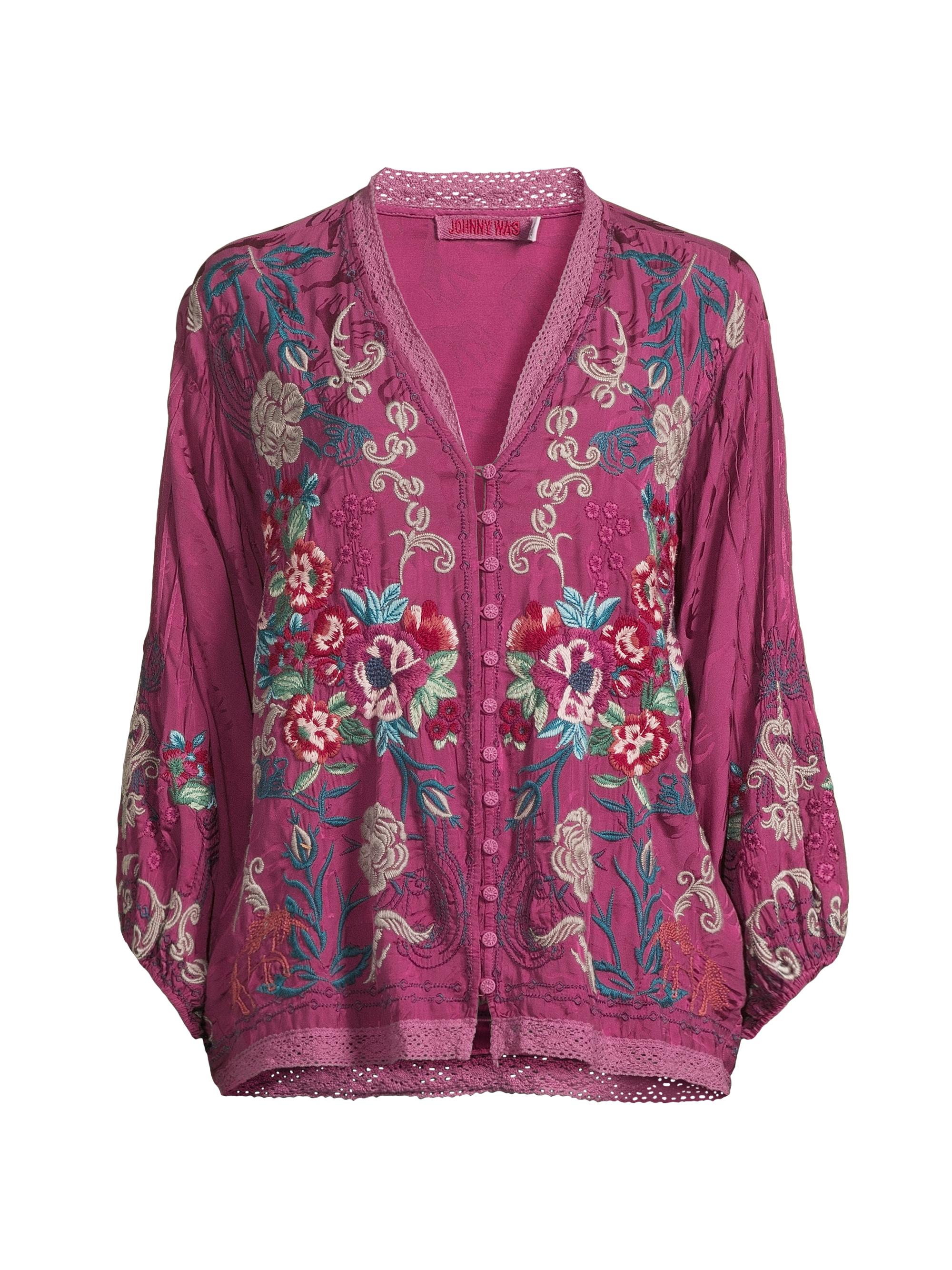 Johnny Was Women's Velouette Floral Embroidered Blouse - Rose Wine
