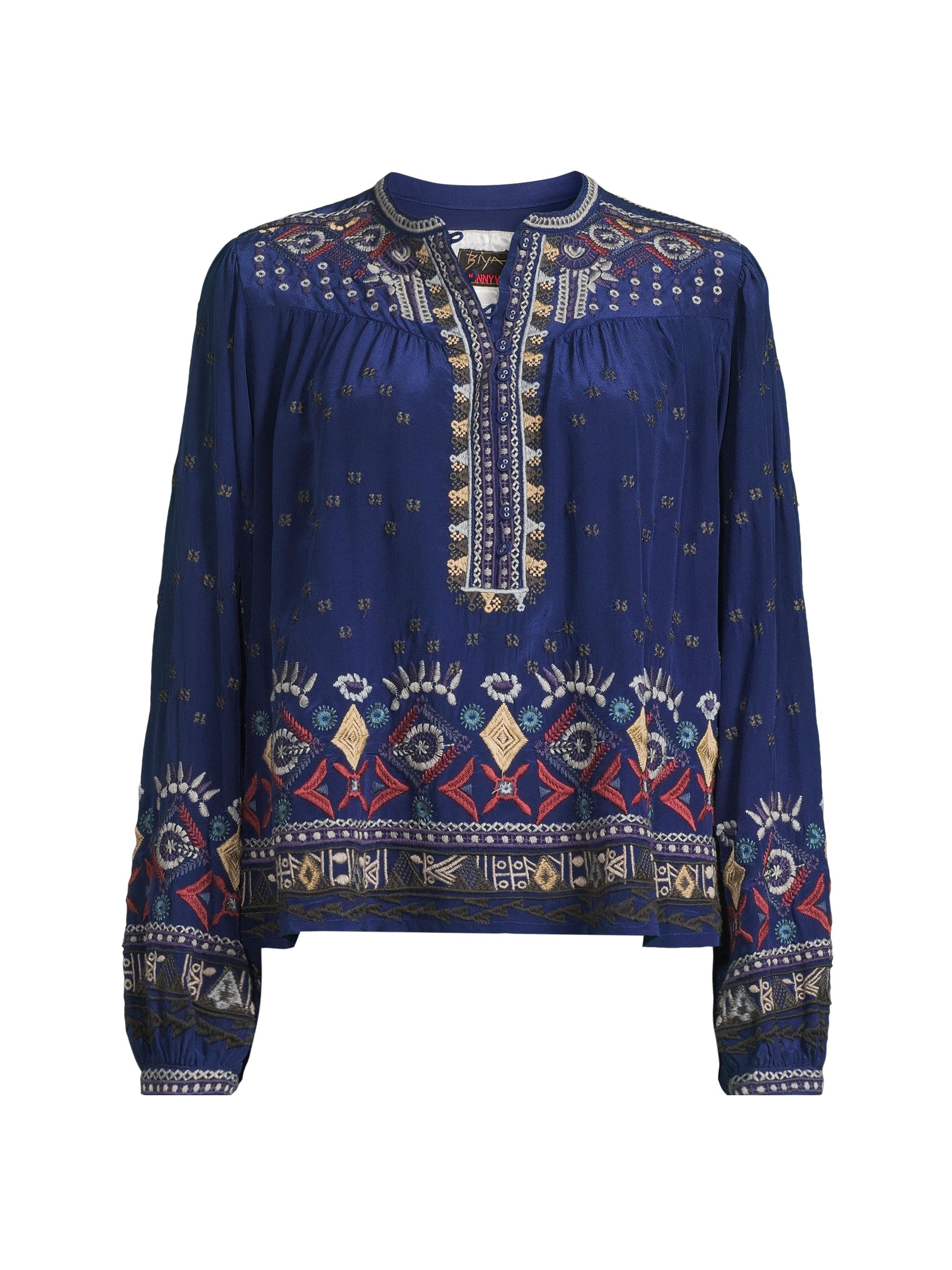 Johnny Was Women's Forest Fern Embroidered Silk Blouse - Beacon Blue