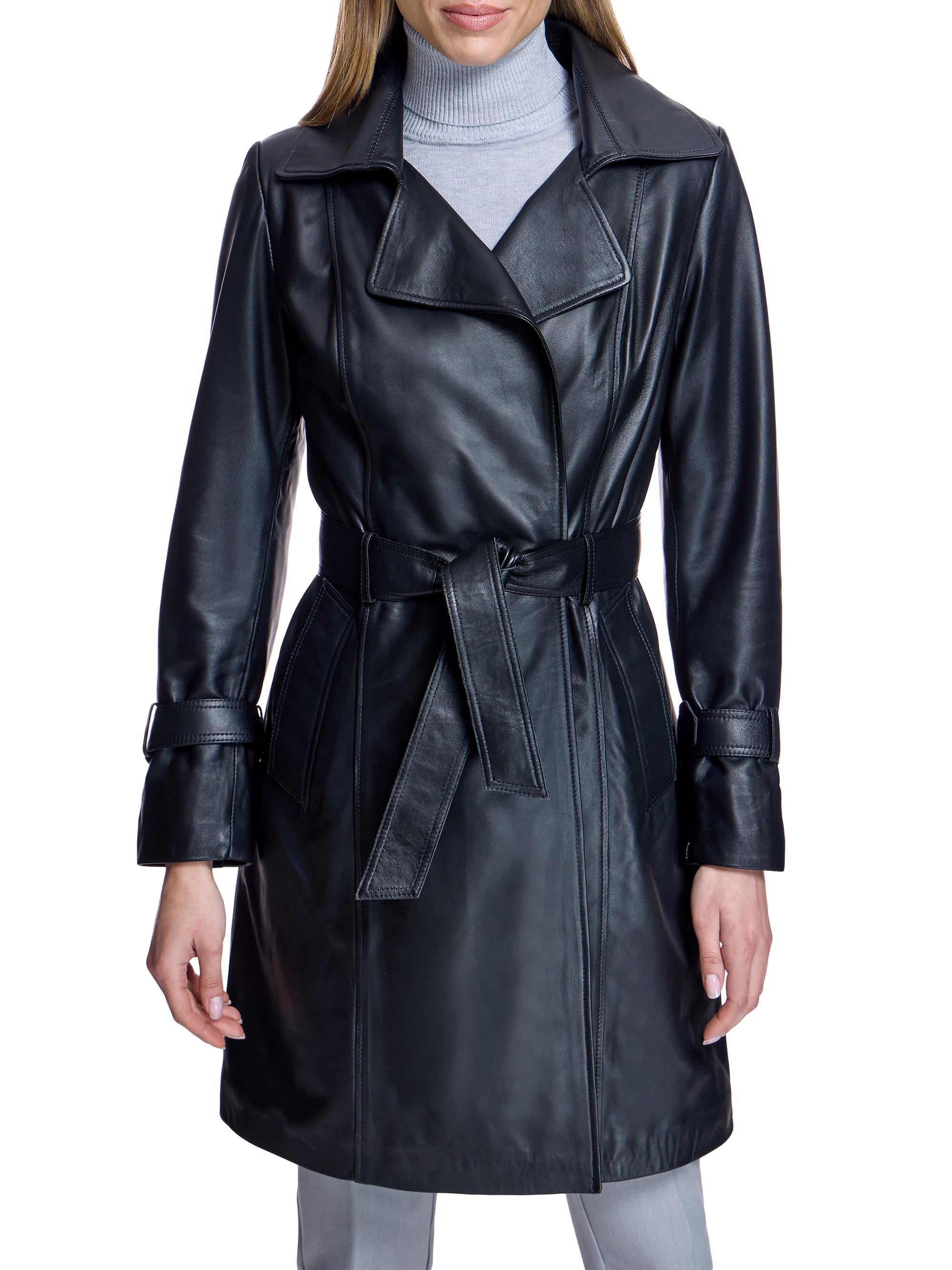 Maximilian Women's Leather Belted Trenchcoat - Black | Thumbnail 2