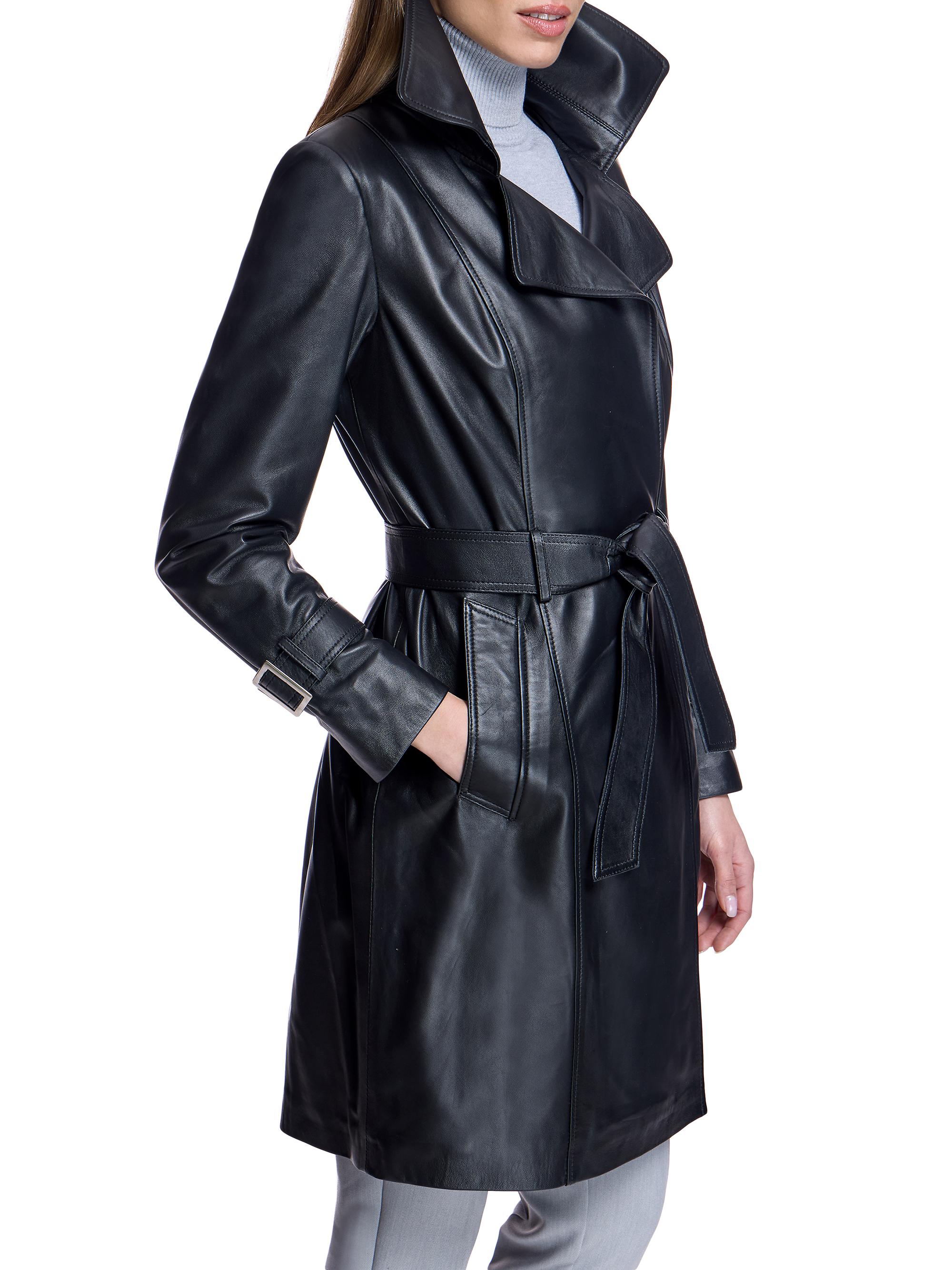 Maximilian Women's Leather Belted Trenchcoat - Black | Thumbnail 3