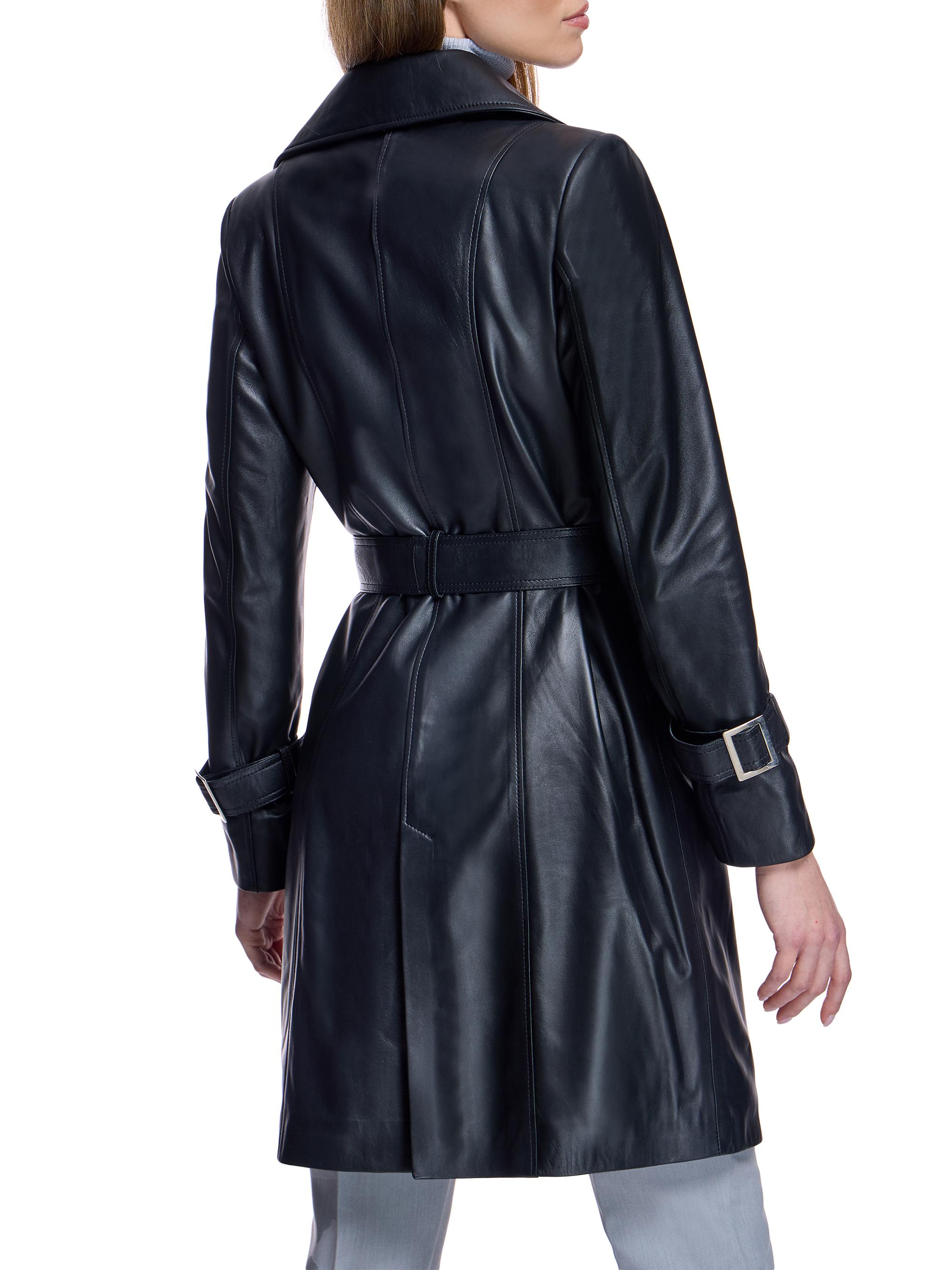 Maximilian Women's Leather Belted Trenchcoat - Black | Thumbnail 4