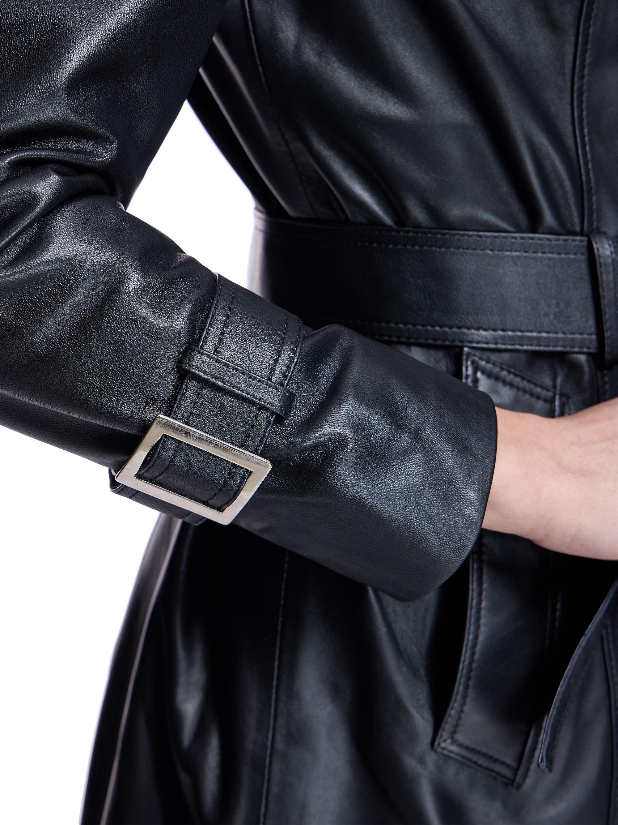 Maximilian Women's Leather Belted Trenchcoat - Black | Thumbnail 5