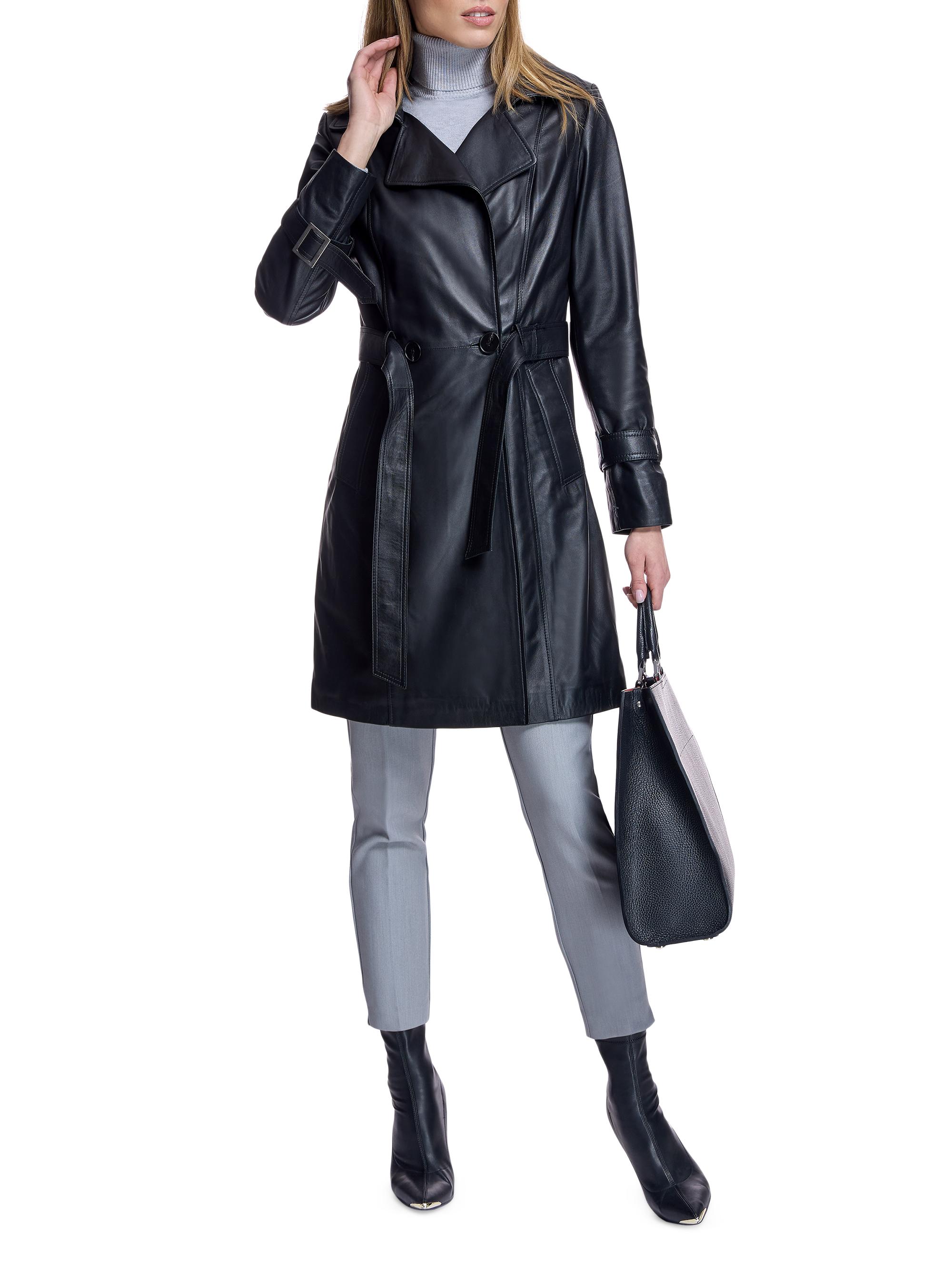 Maximilian Women's Leather Belted Trenchcoat - Black | Thumbnail 6
