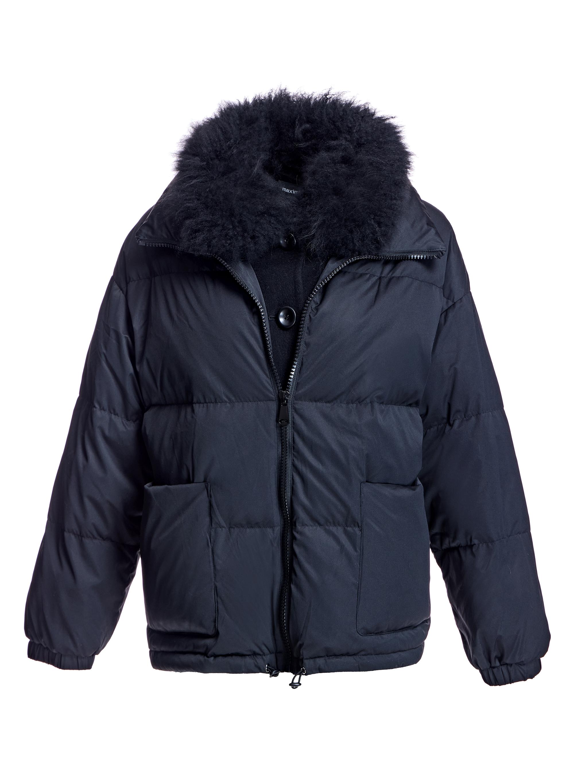 Maximilian Women's Feather Down Polyblend Jacket with Goat Trim - Black
