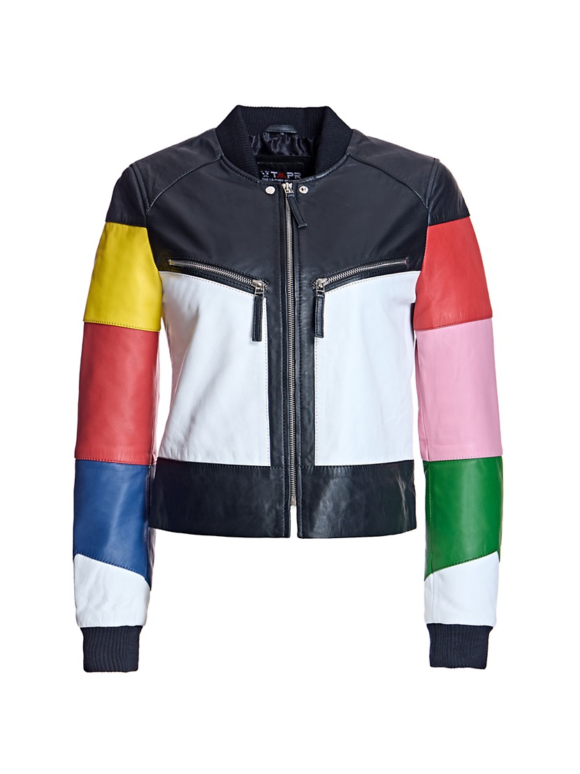 Shop Maximilian Multicolor Stripe Leather Racing Jacket Shop Maximilian Multicolor Stripe Leather Racing Jacket