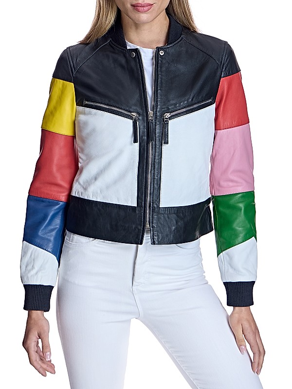 Shop Maximilian Multicolor Stripe Leather Racing Jacket Shop Maximilian Multicolor Stripe Leather Racing Jacket