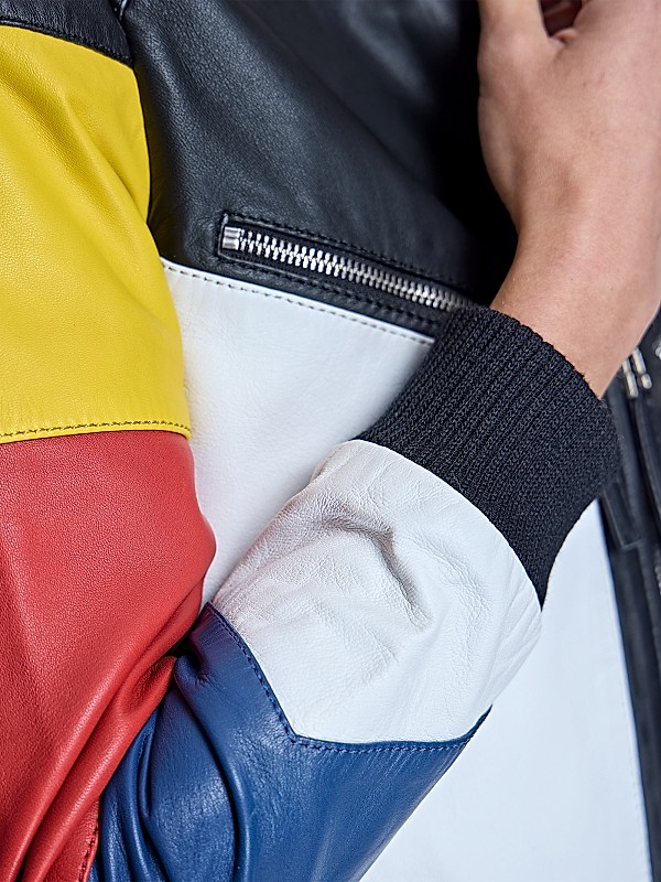 Shop Maximilian Multicolor Stripe Leather Racing Jacket Shop Maximilian Multicolor Stripe Leather Racing Jacket