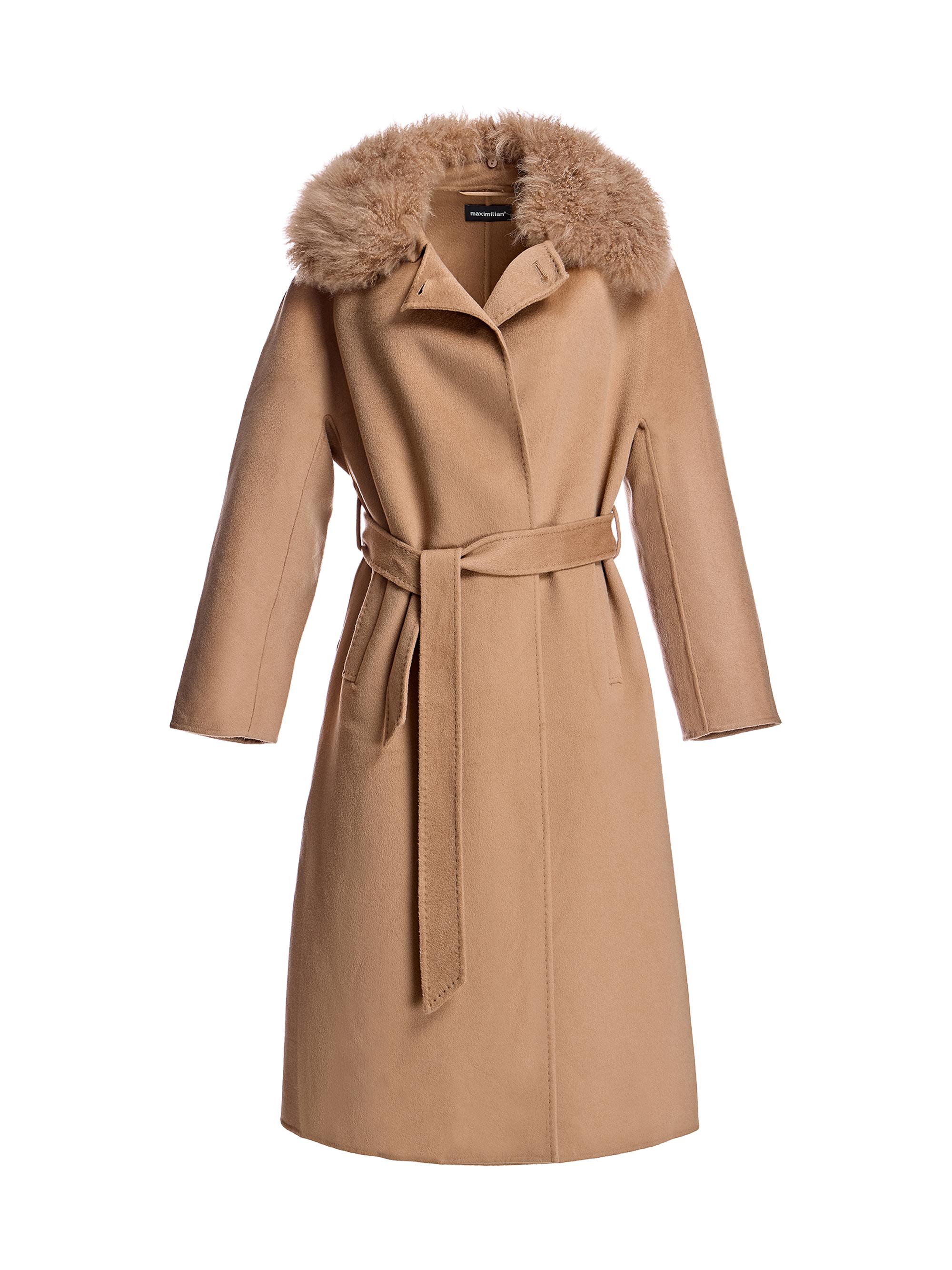 Maximilian Women's Cashmere Belted Fur Trim Coat - Camel