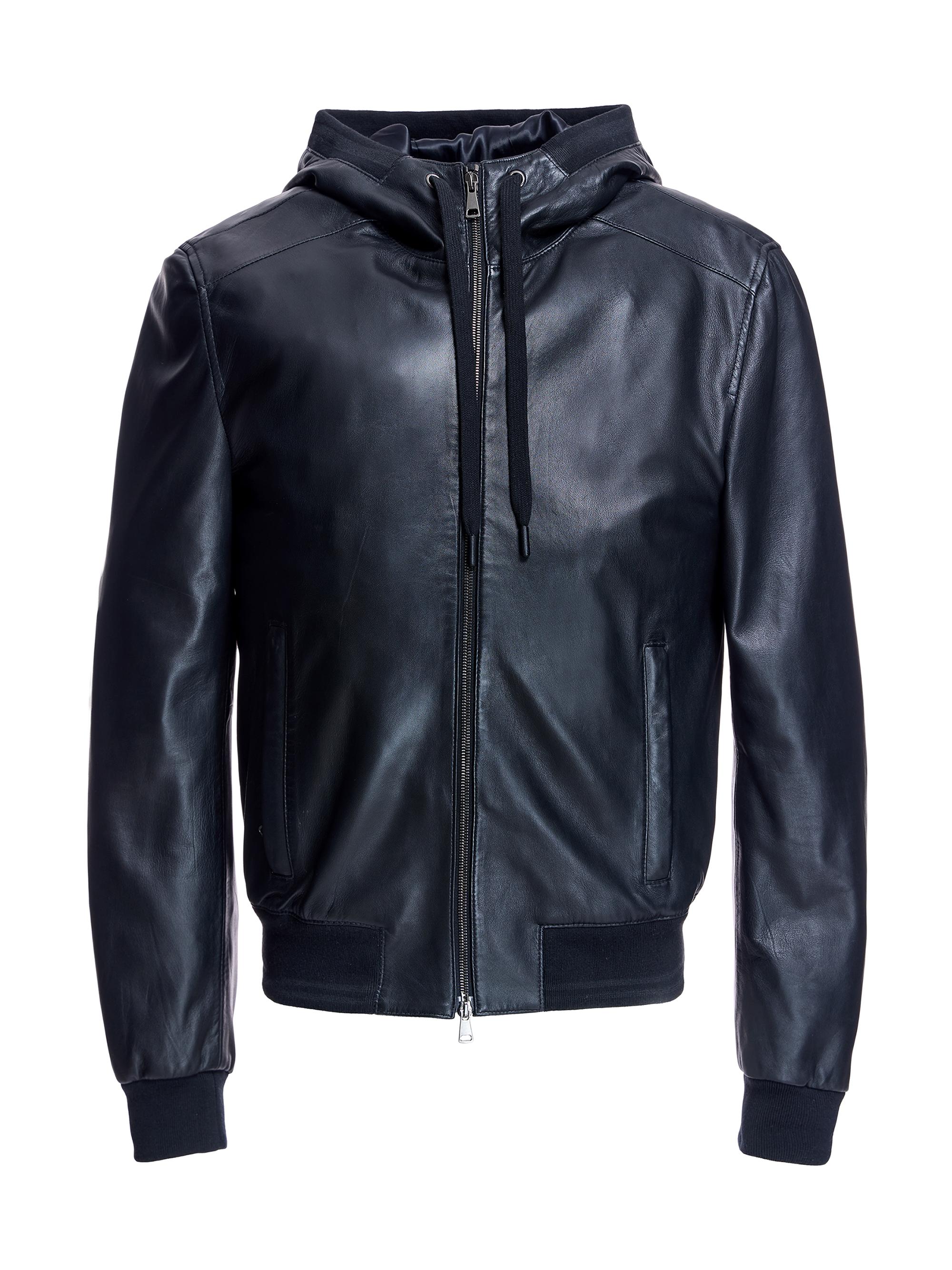 Maximilian Men's Slim Hooded Leather Bomber Jacket - Black
