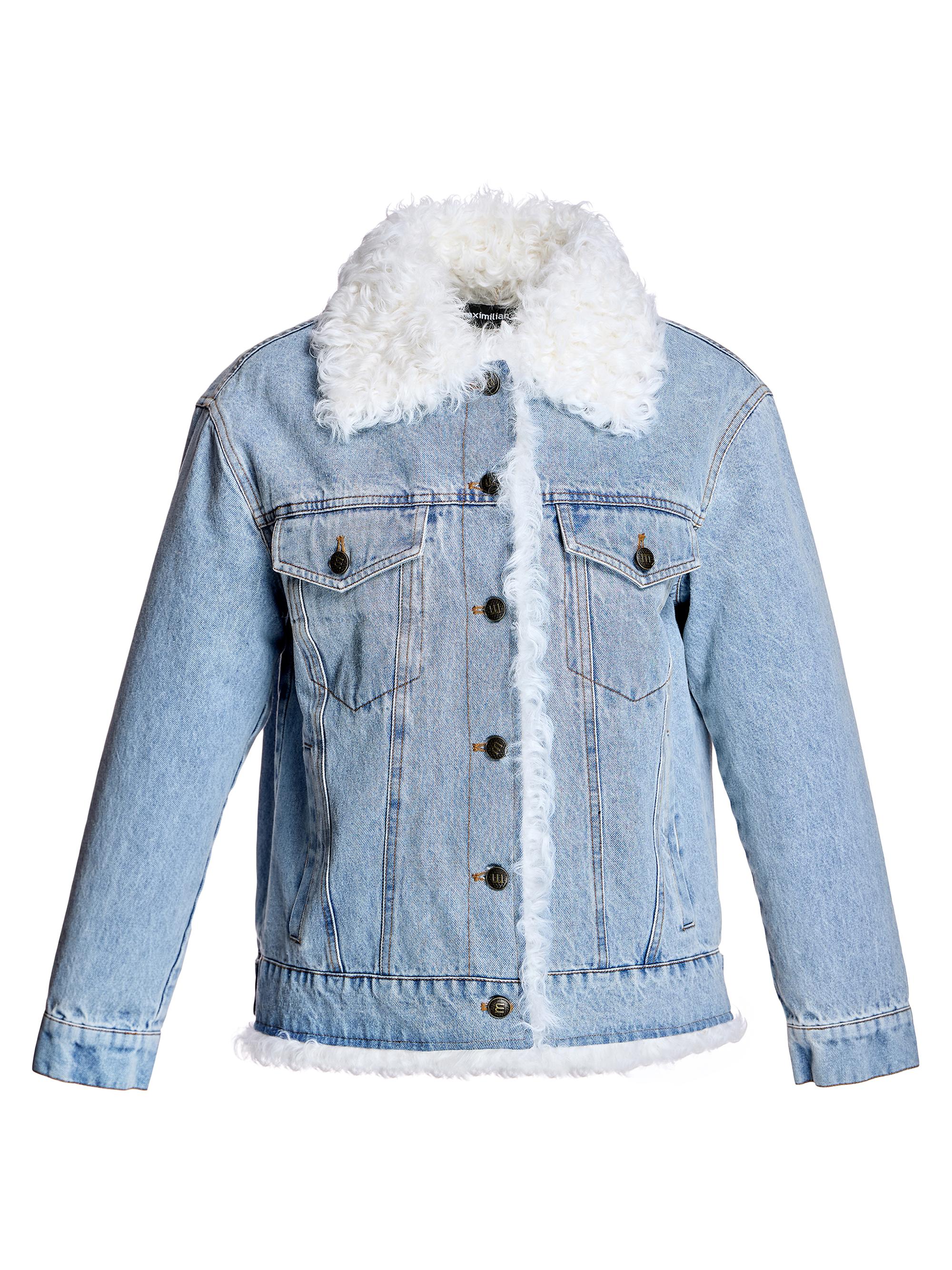 Maximilian Women's Quilted Lined Denim Jacket with Kalgan Lamb Trims - Denim White
