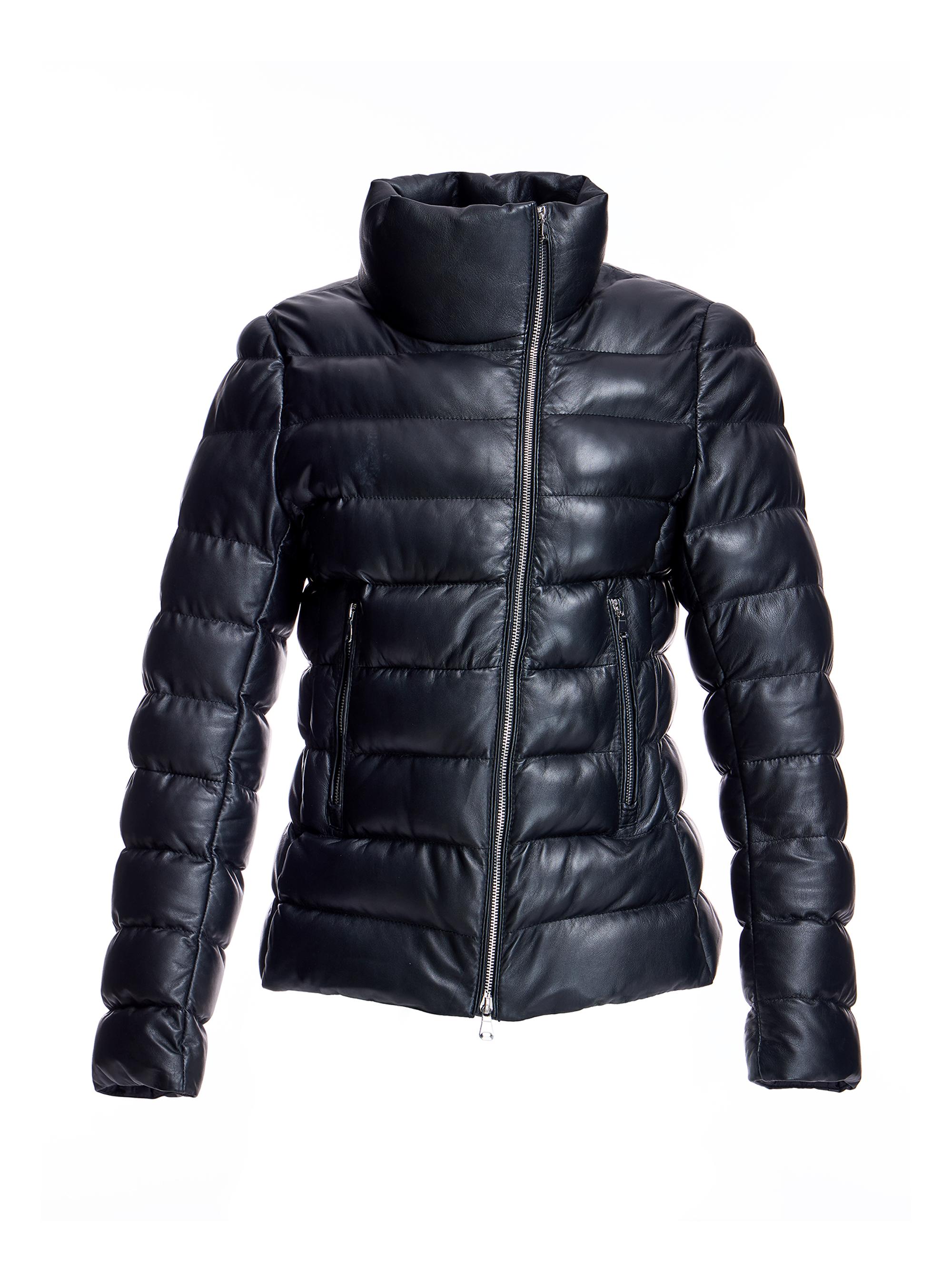 Maximilian Women's Horizontal Leather Puffer Jacket - Black