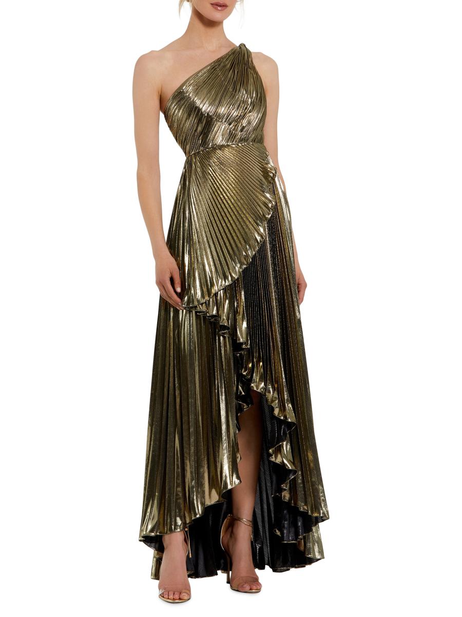 Mac Duggal Metallic Pleated One-Shoulder Faux-Wrap Gown | Saks Fifth Avenue
