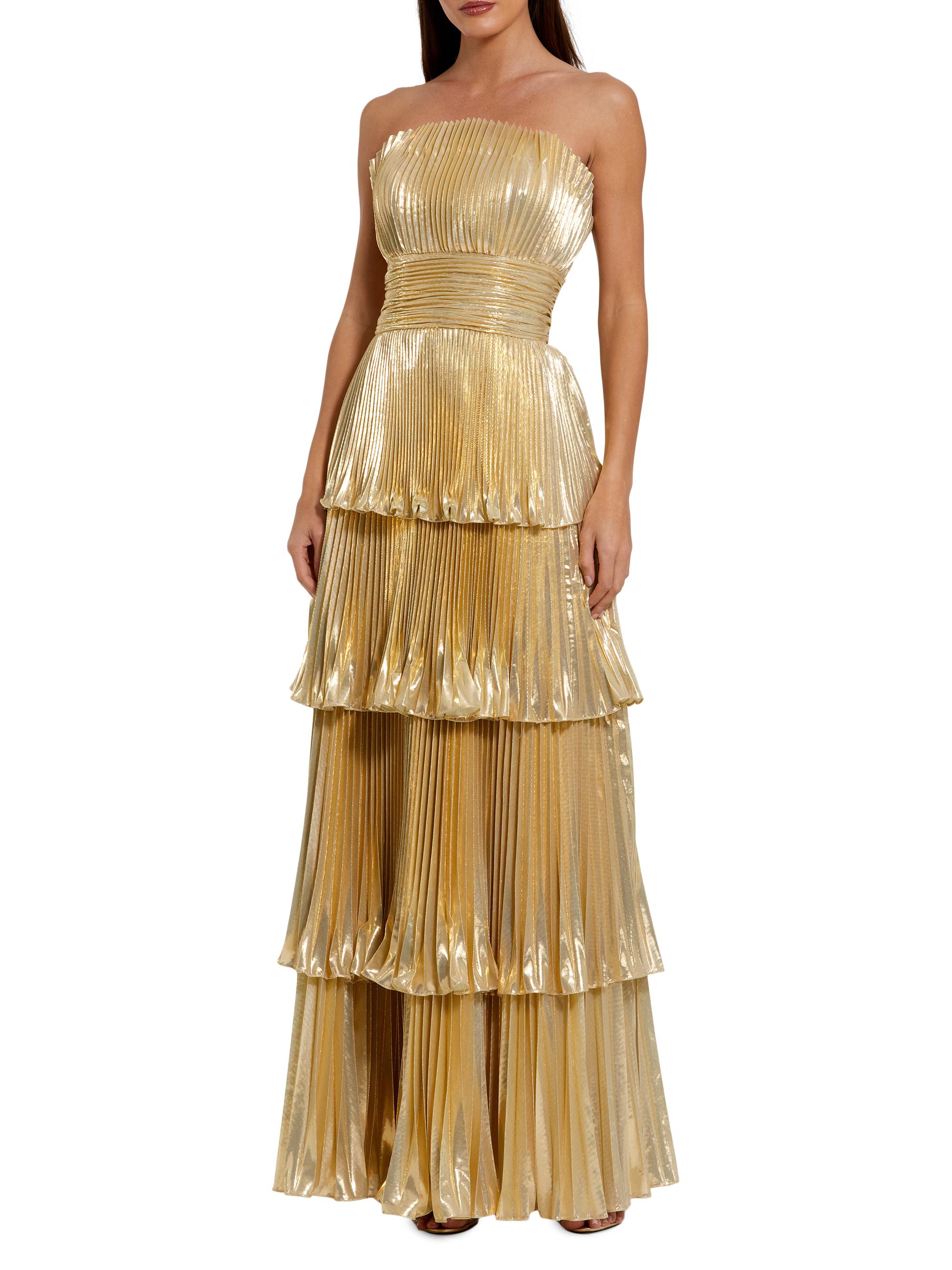 Mac Duggal Women's Metallic Pleated Strapless Tiered Gown - Gold