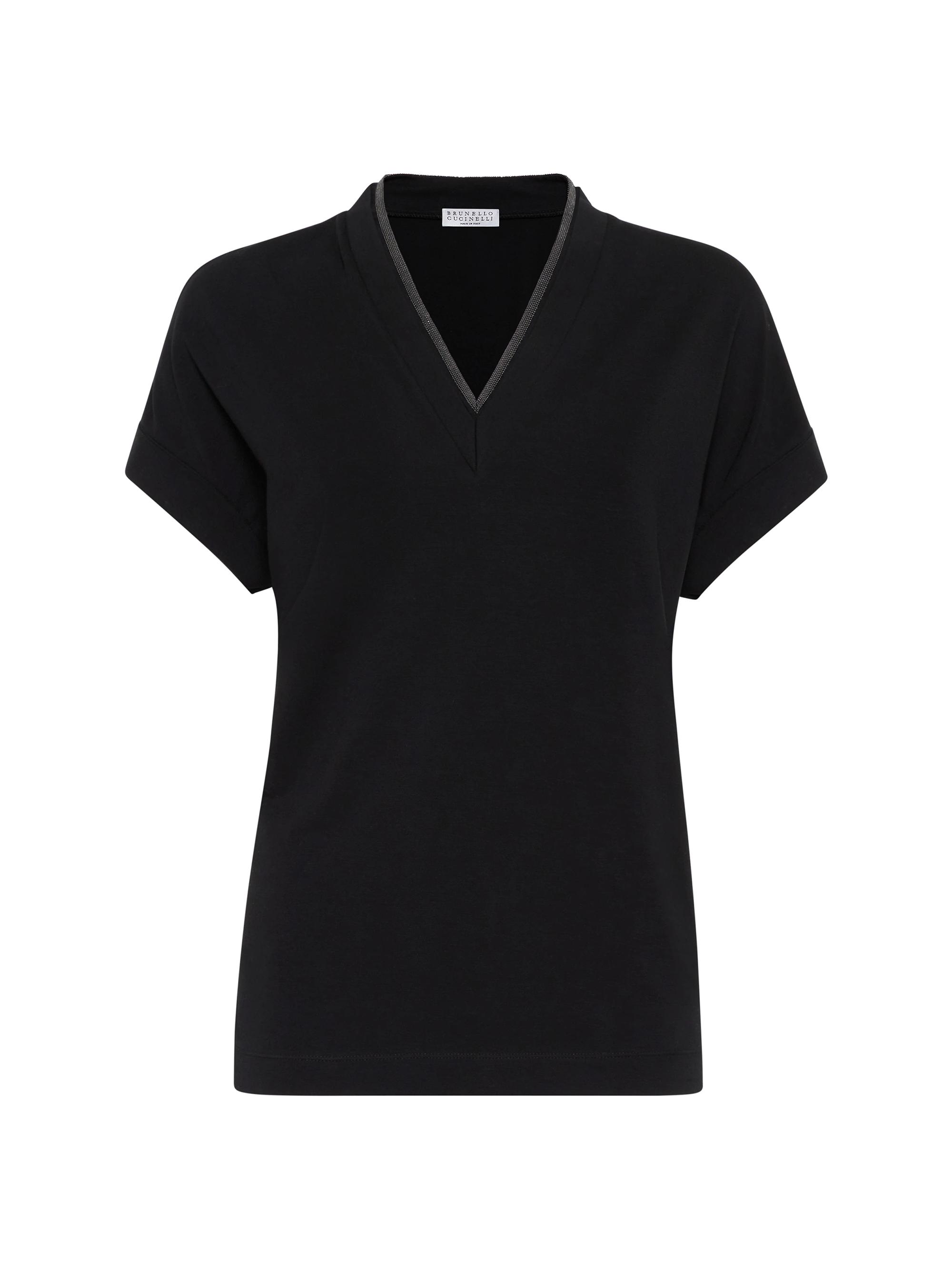 Brunello Cucinelli Women's Stretch Cotton Jersey T-Shirt with Precious Neckline - Black