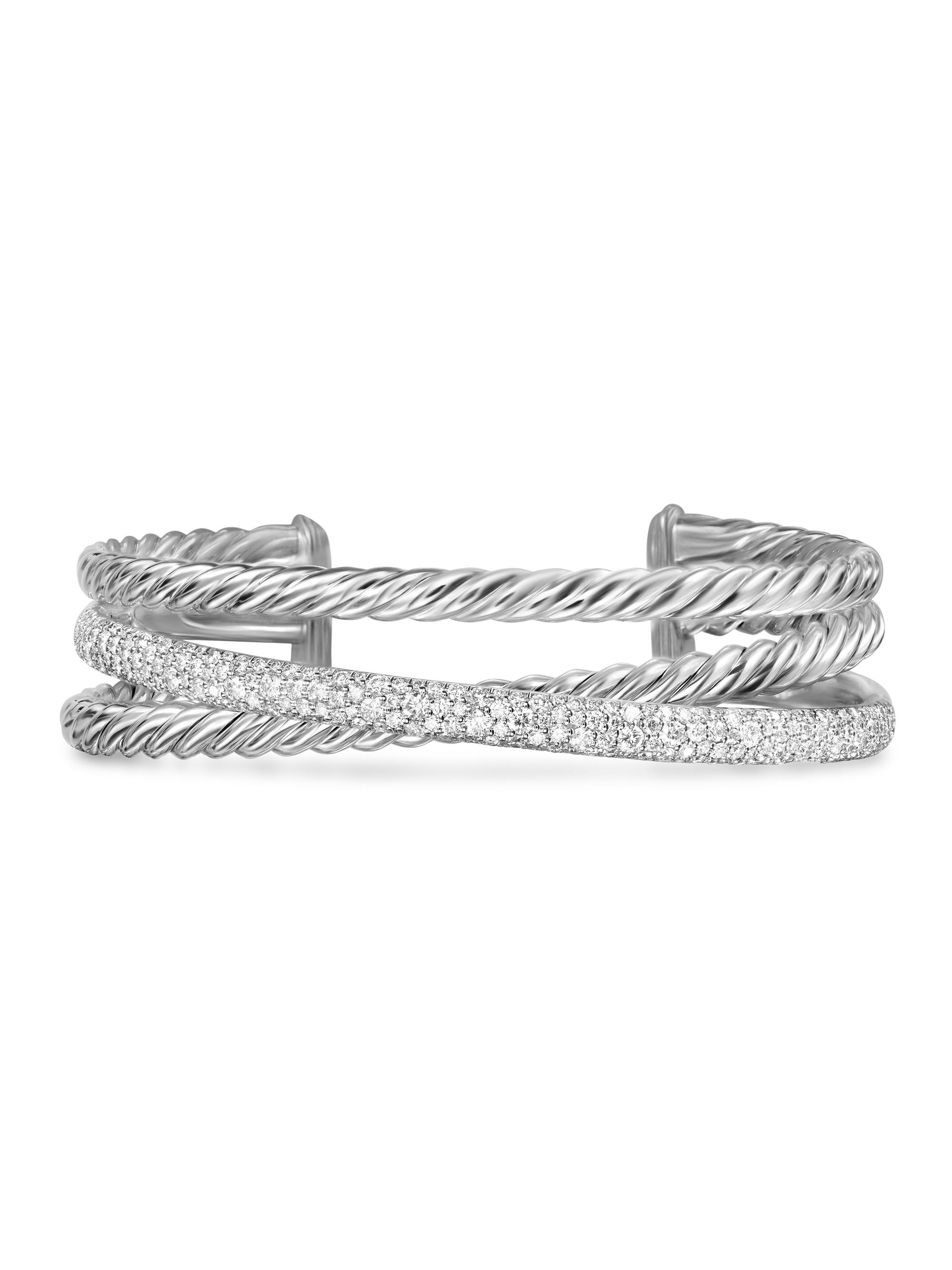 David Yurman Women's Pavé Crossover Three Row Cuff Bracelet in Sterling Silver - Silver