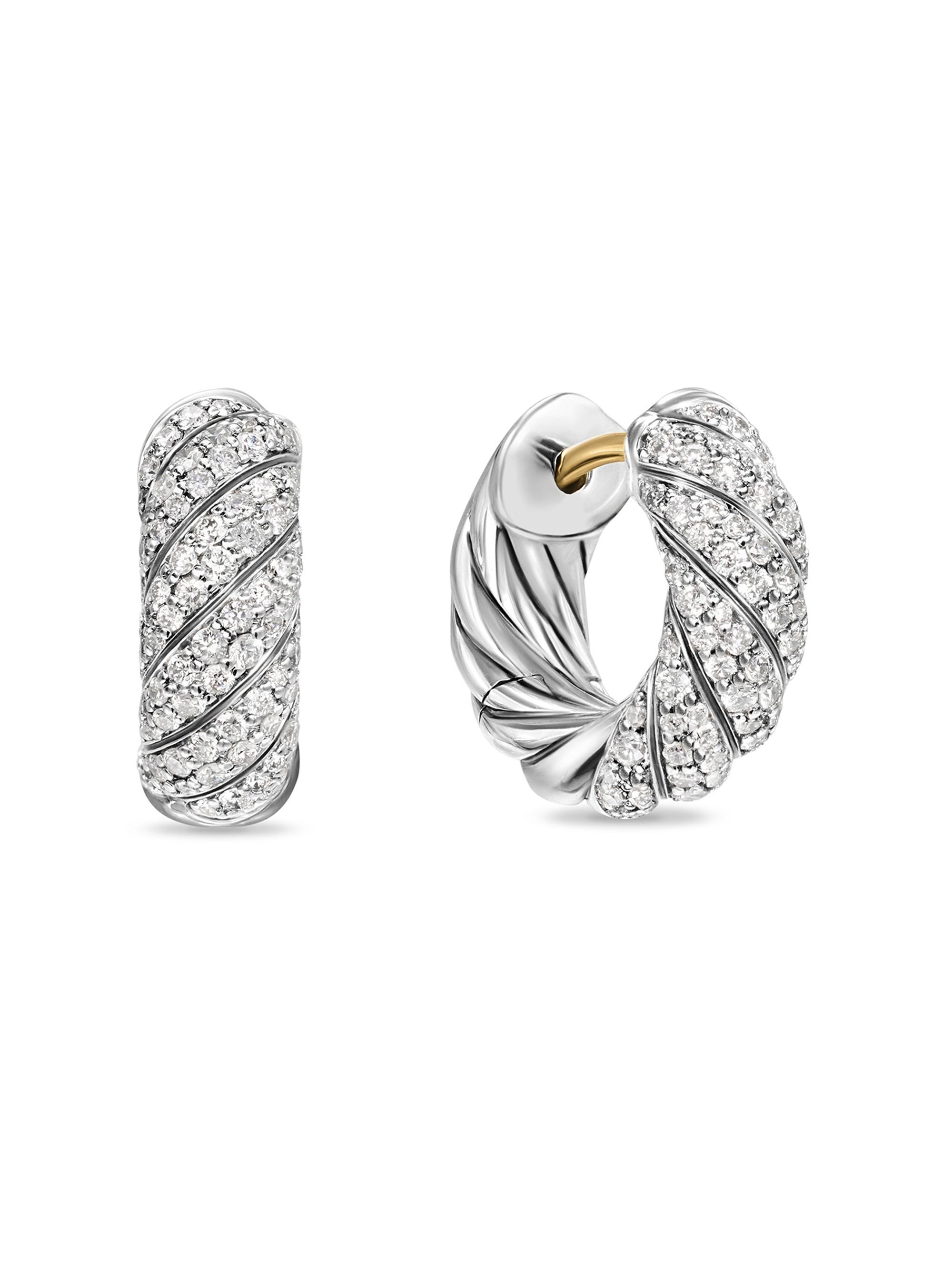 David Yurman Women's Sculpted Cable Hoop Earrings in Sterling Silver with Diamonds, 14.4MM - Diamond