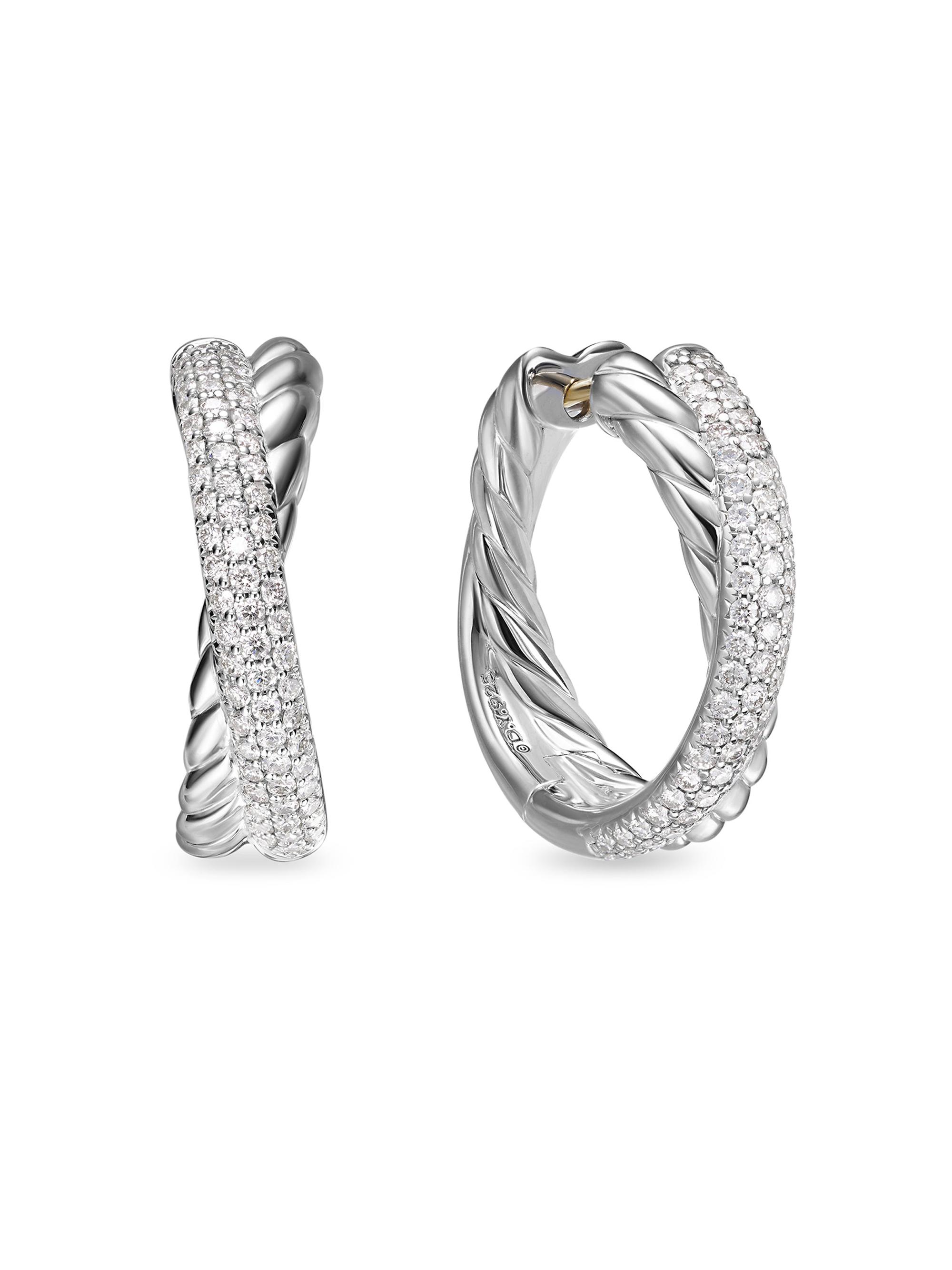 David Yurman Women's Crossover Hoop Earrings in Sterling Silver with Diamonds, 22.4MM - Diamond