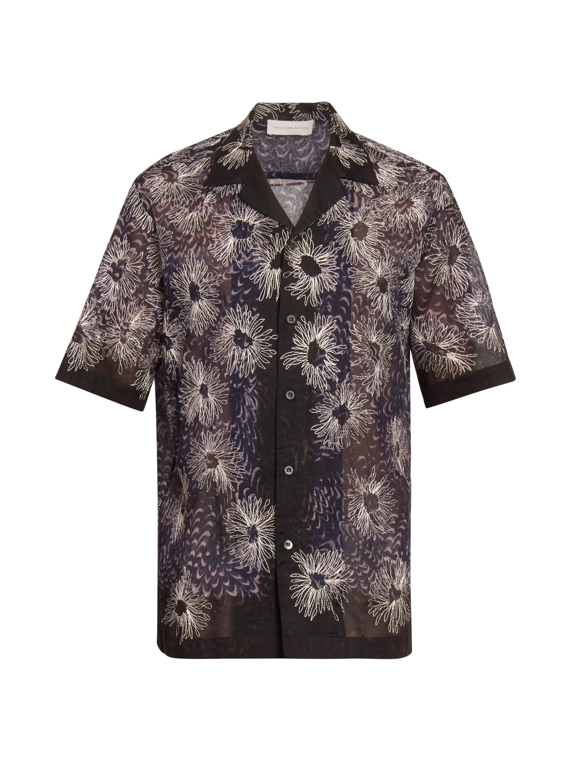Dries Van Noten Men's Carltone Embroidered Camp Shirt - Dark Navy