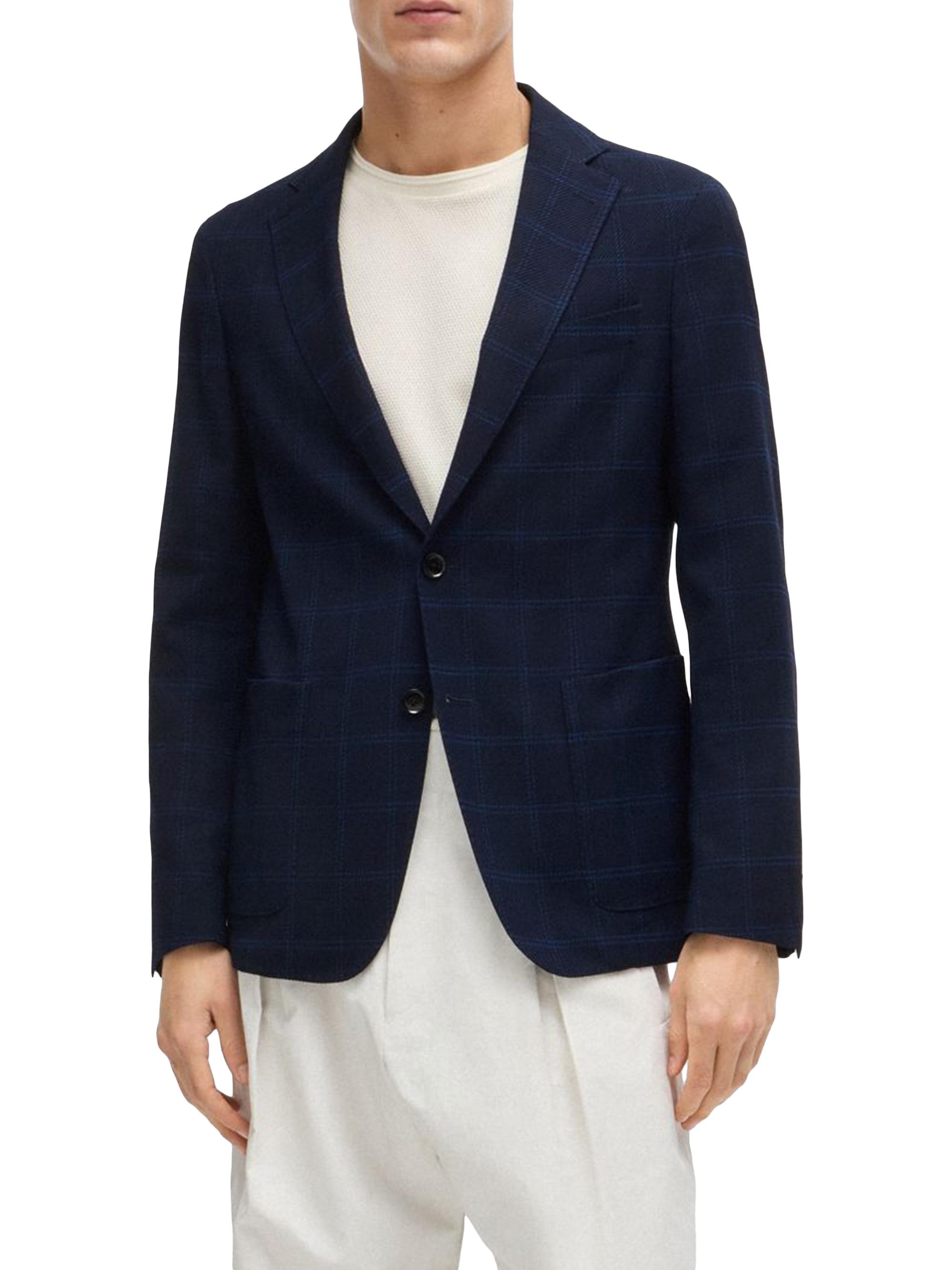 BOSS Men's Slim-Fit Jacket in Checked Stretch Cloth - Dark Blue