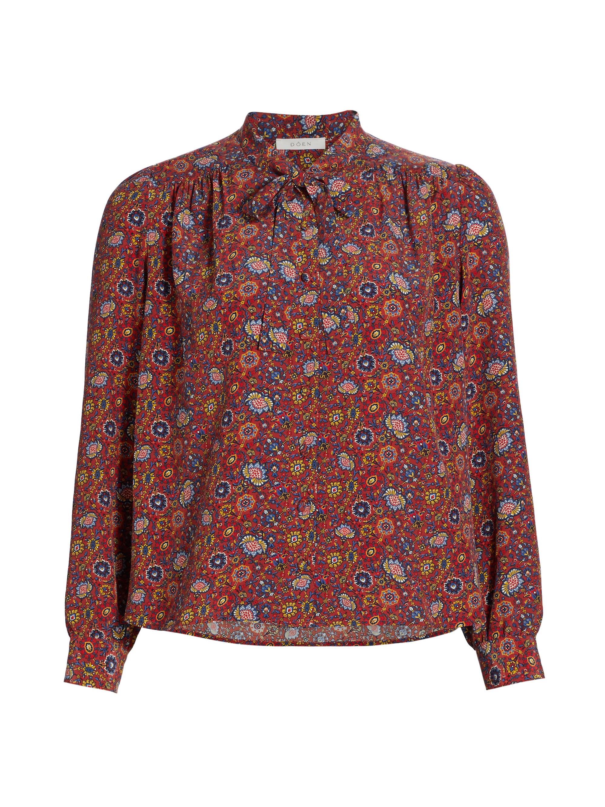 DÔEN Women's Josseline Floral Silk Tieneck Blouse - Rouge Riviera Medallion