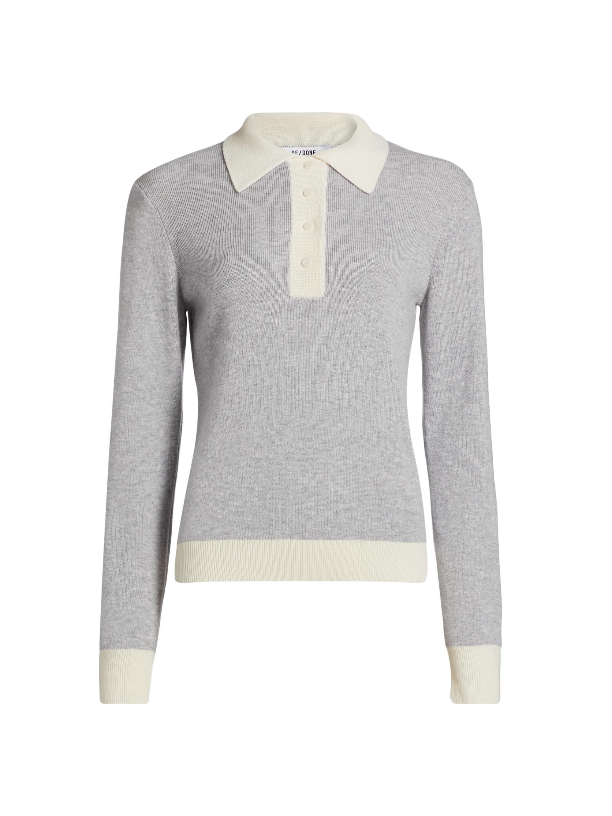 Re/done Women's Wool Contrast-Trimmed Wool Long-Sleeve Polo Top - Grey With Vintage White