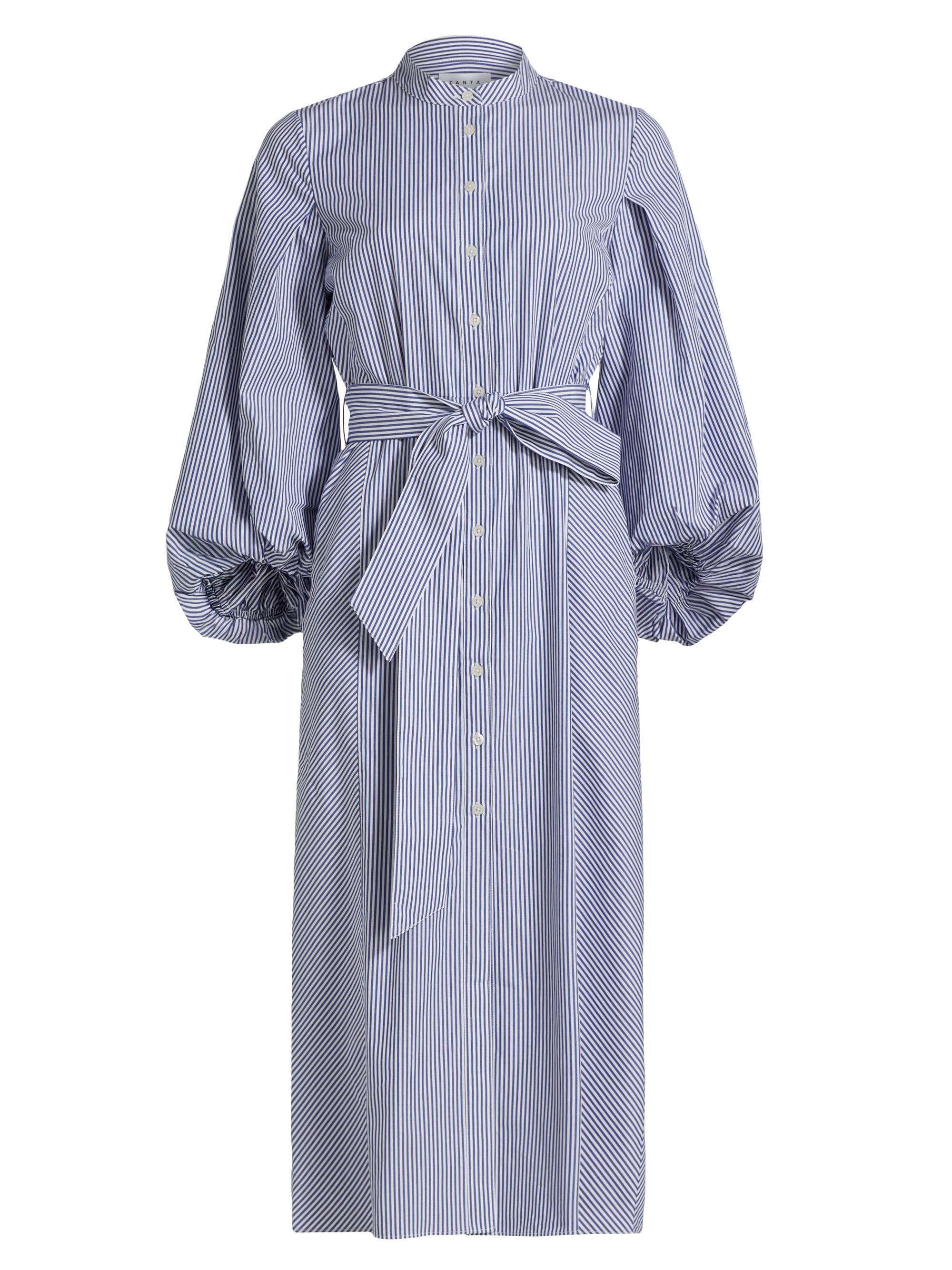 Tanya Taylor Women's Maddie Stripe Blouson-Sleeve Shirtdress - Blue Optic White