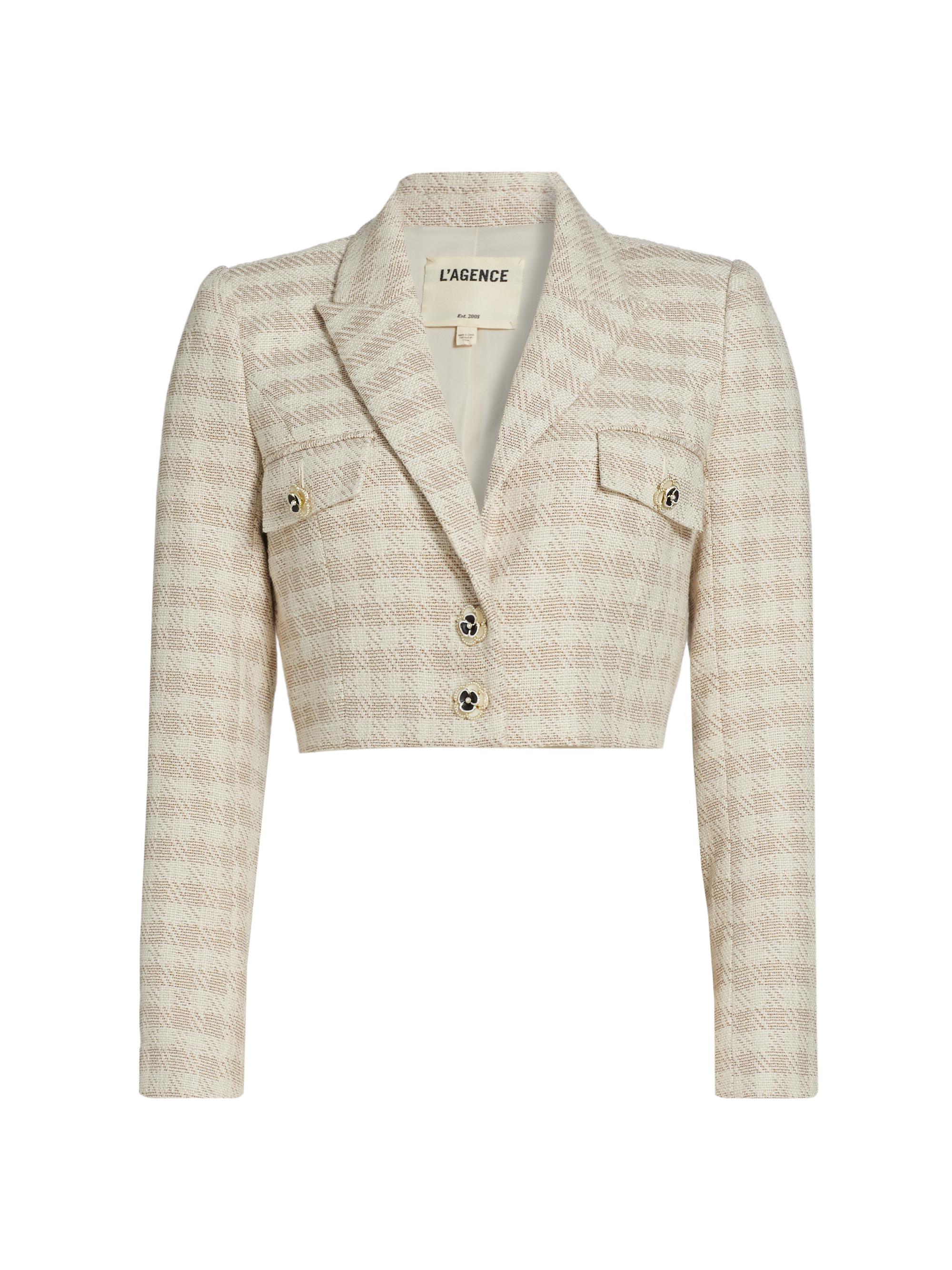 L'AGENCE Women's Maura Check Crop Blazer - Ecru Gold