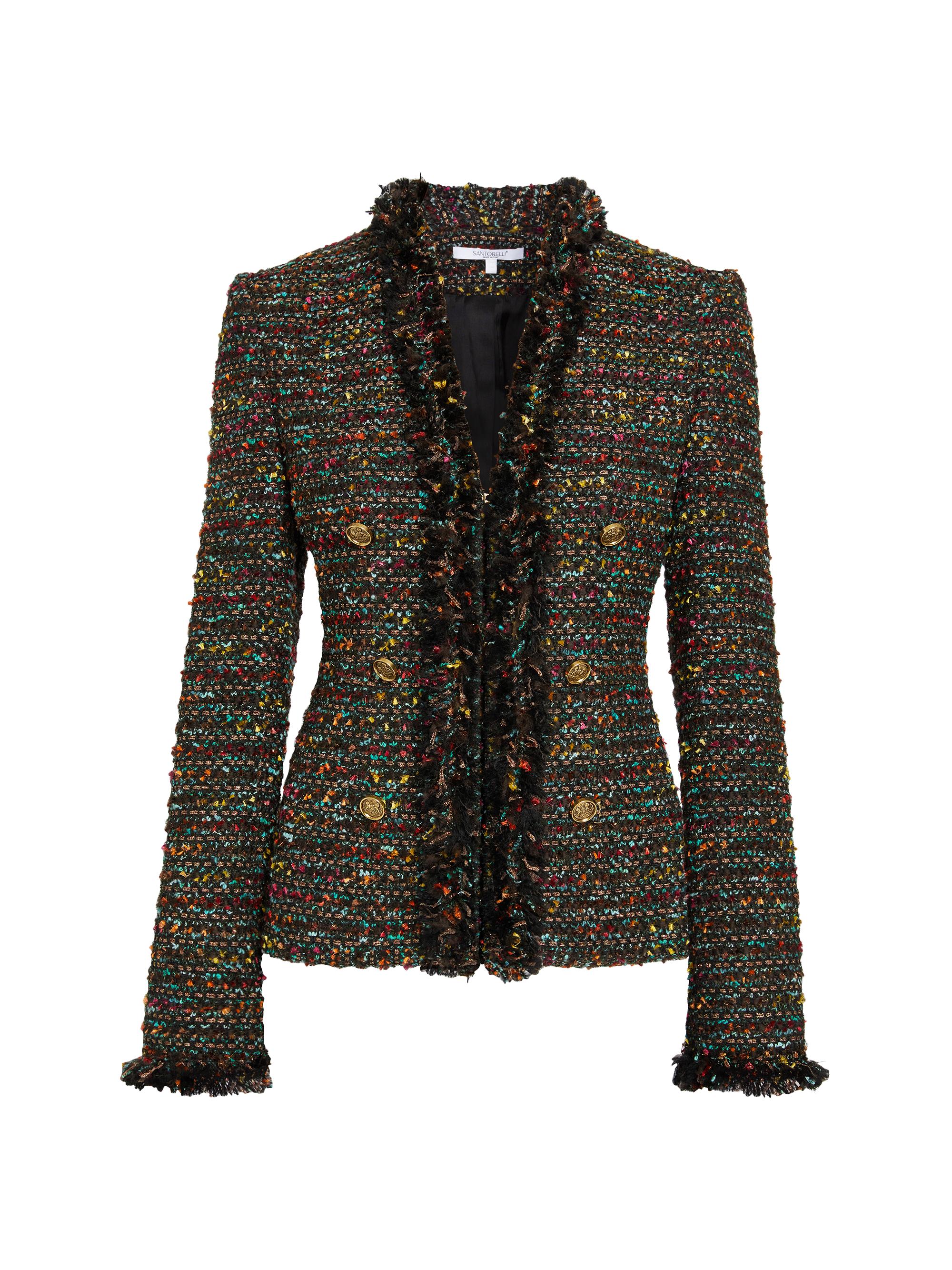 Santorelli Women's Fringed Tweed Jacket - Sage Multi