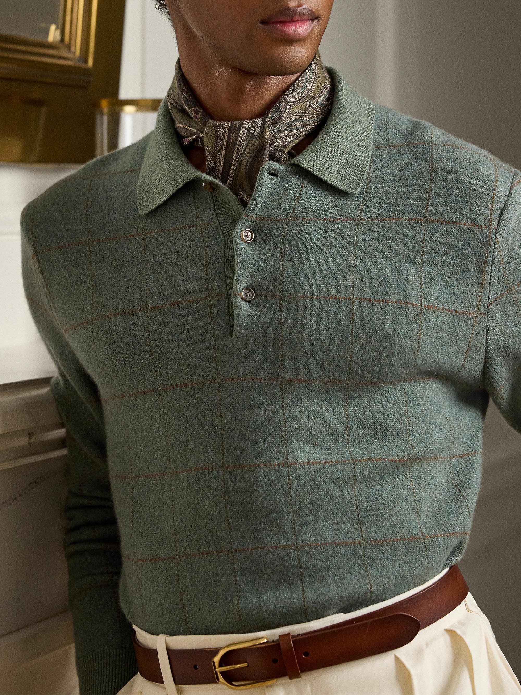 Ralph Lauren Purple Label Plaid Cashmere-Wool Polo-Collar Sweater