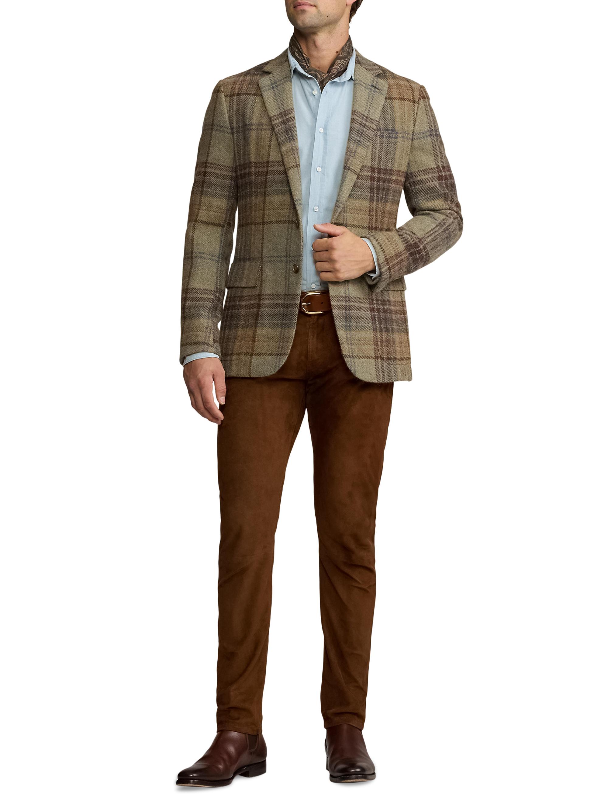 Ralph Lauren Purple Label Men's Kent Hand-Tailored Plaid Wool Sportcoat - Sage Brown Tan Multi