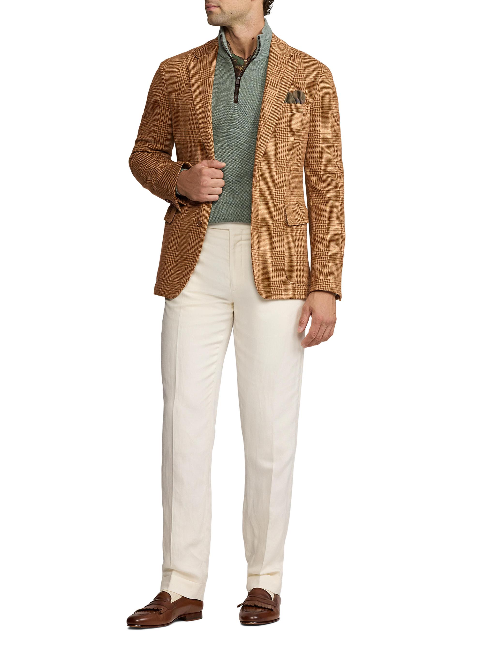 Ralph Lauren Purple Label Men's Hadley Hand-Tailored Plaid Jersey Jacket - Camel Light Brown Glenplaid