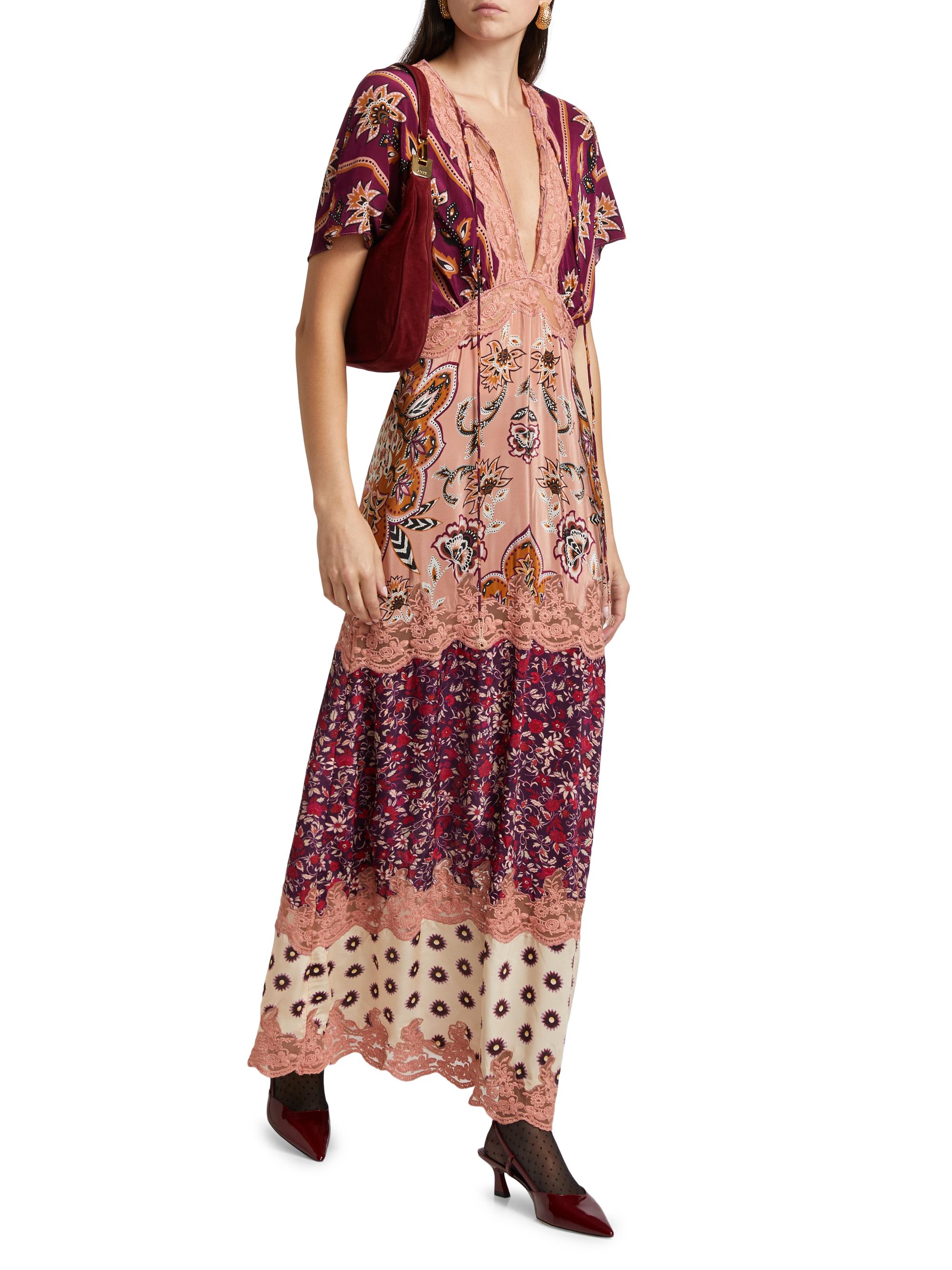 chinese dress ladies FARM Rio Women's Glam Tapestry Lace Trim Maxi Dress (US, Alpha, X-Small,  Regular, Regular, Burgundy) at Amazon Women's Clothing store