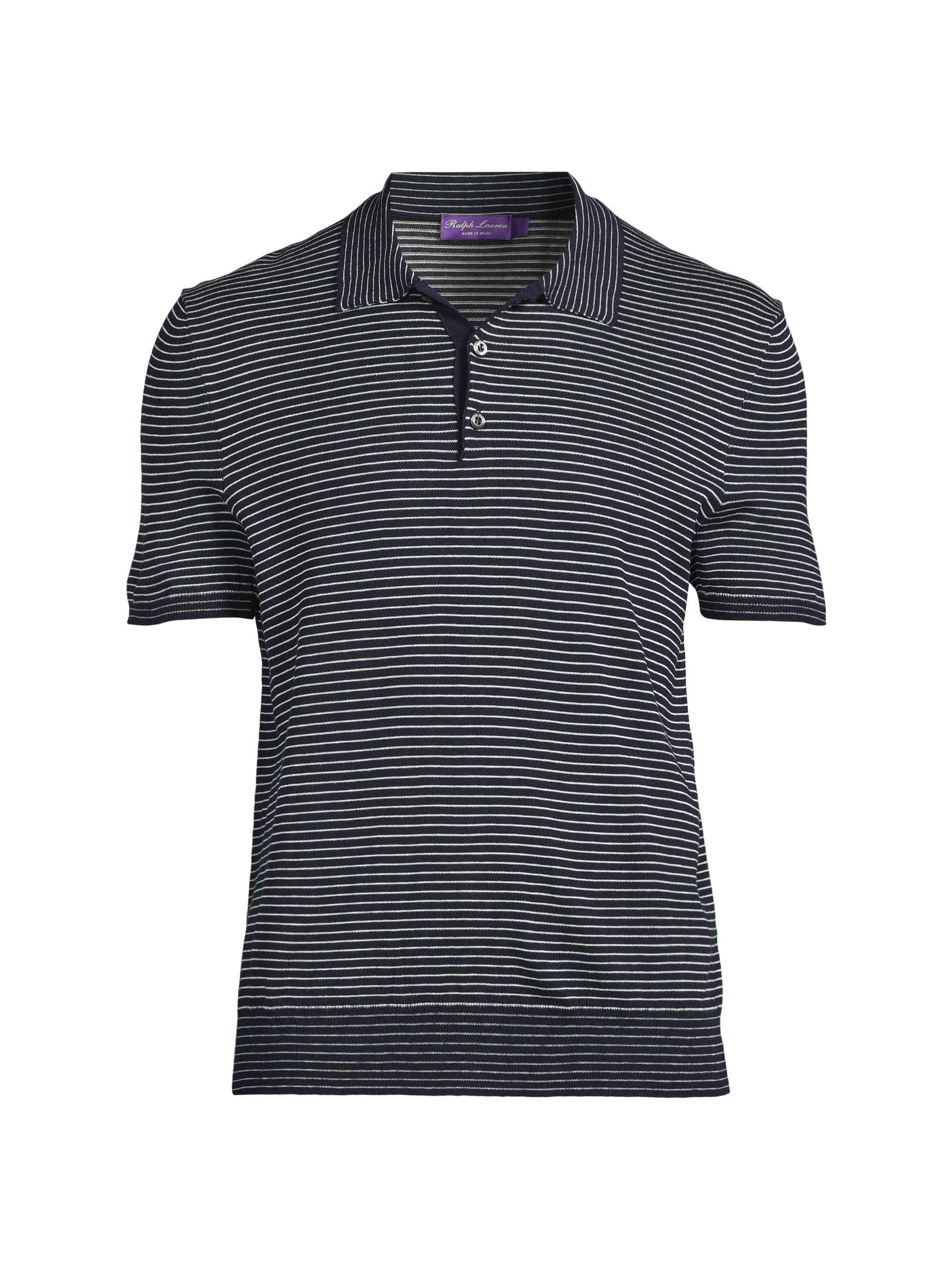 Ralph Lauren Purple Label Men's Striped Silk-Cotton Polo-Collar Sweater - Classic Chairman Navy Cream