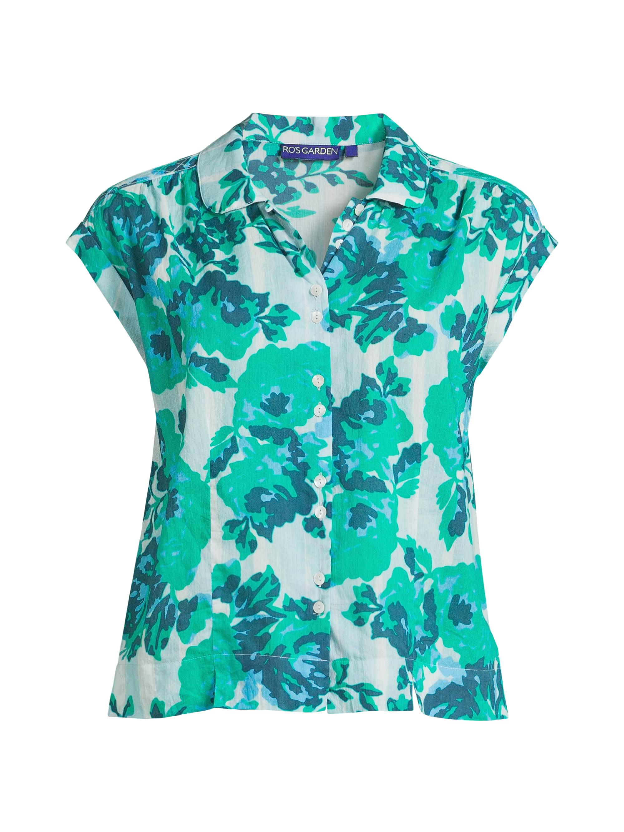 Ro's Garden Women's Belen Floral Cotton Shirt - Light Blue Petunia