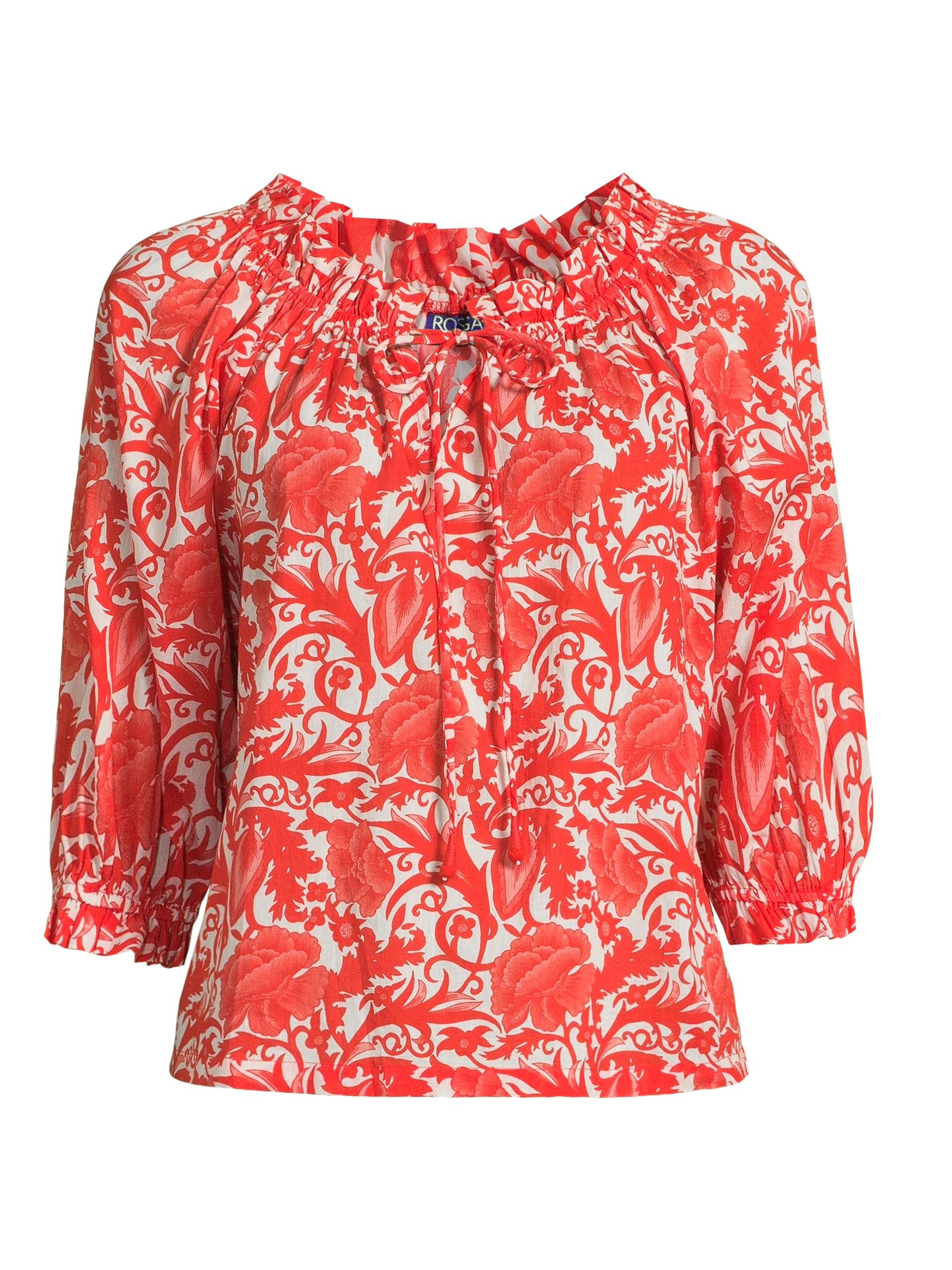 Ro's Garden Women's Havana Hibiscus Print Cotton Top - Red Hibiscus