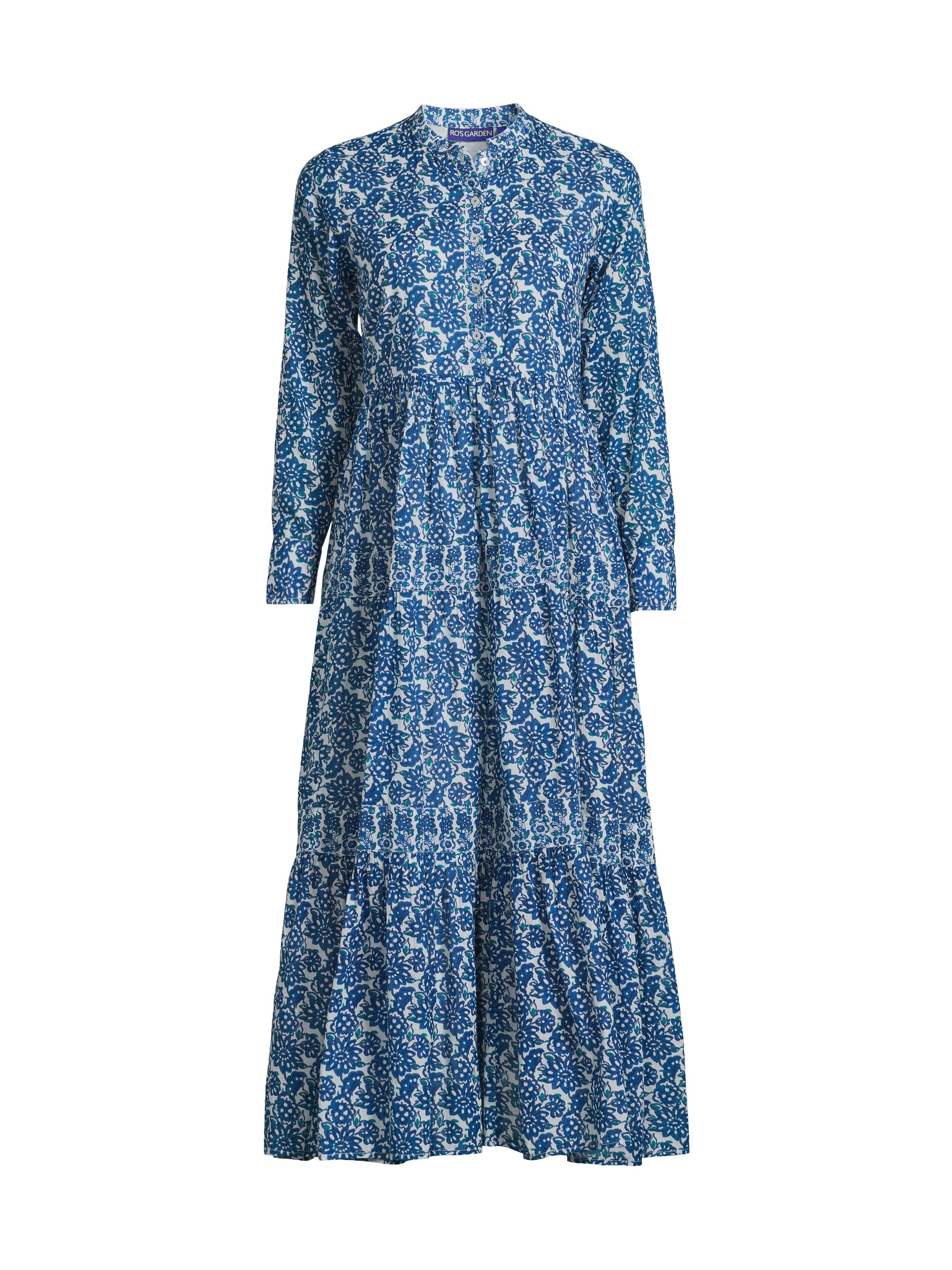 Ro's Garden Women's Diwali Floral Cotton A-Line Midi Dress - Blue Panaji
