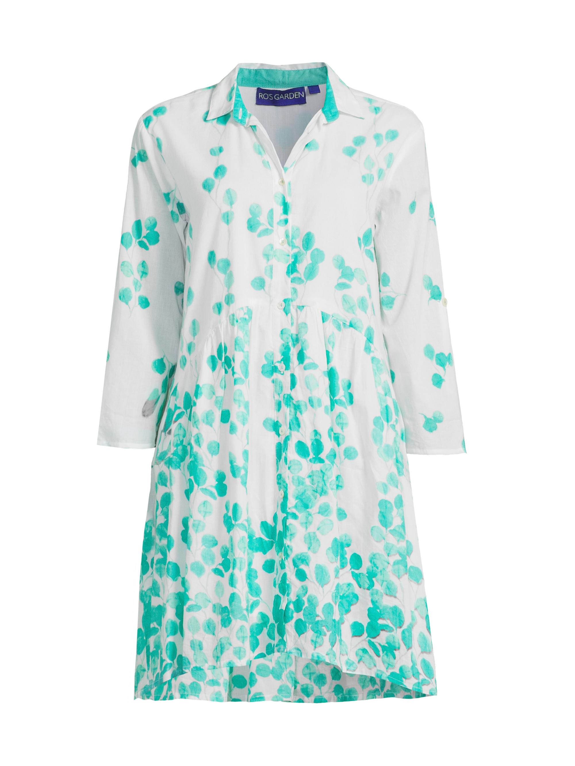 Ro's Garden Women's Deauville Leaf Print Cotton A-Line Minidress - Aqua Leaf