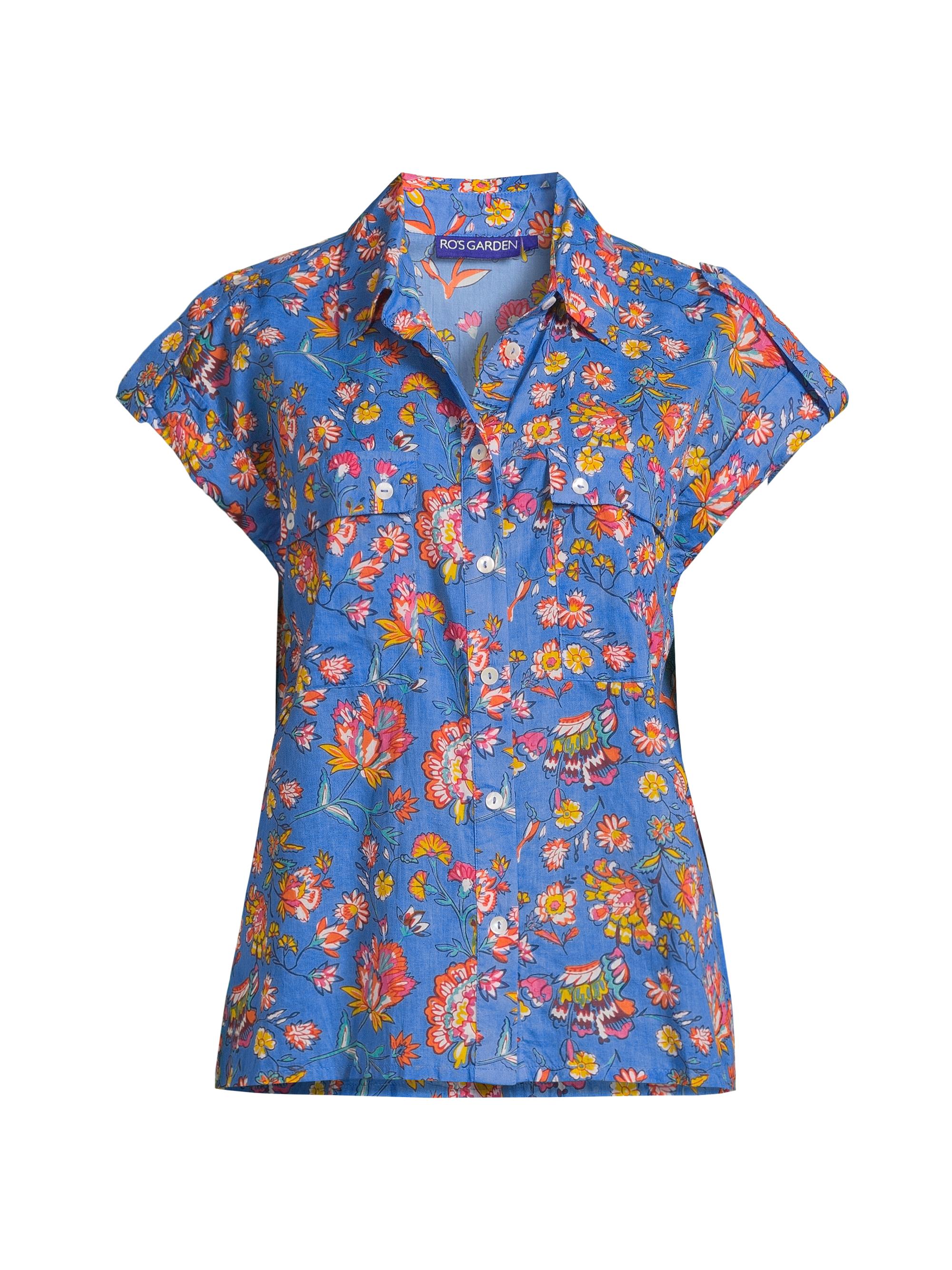 Ro's Garden Women's Netherlands Floral Cotton Shirt - Light Blue Baru