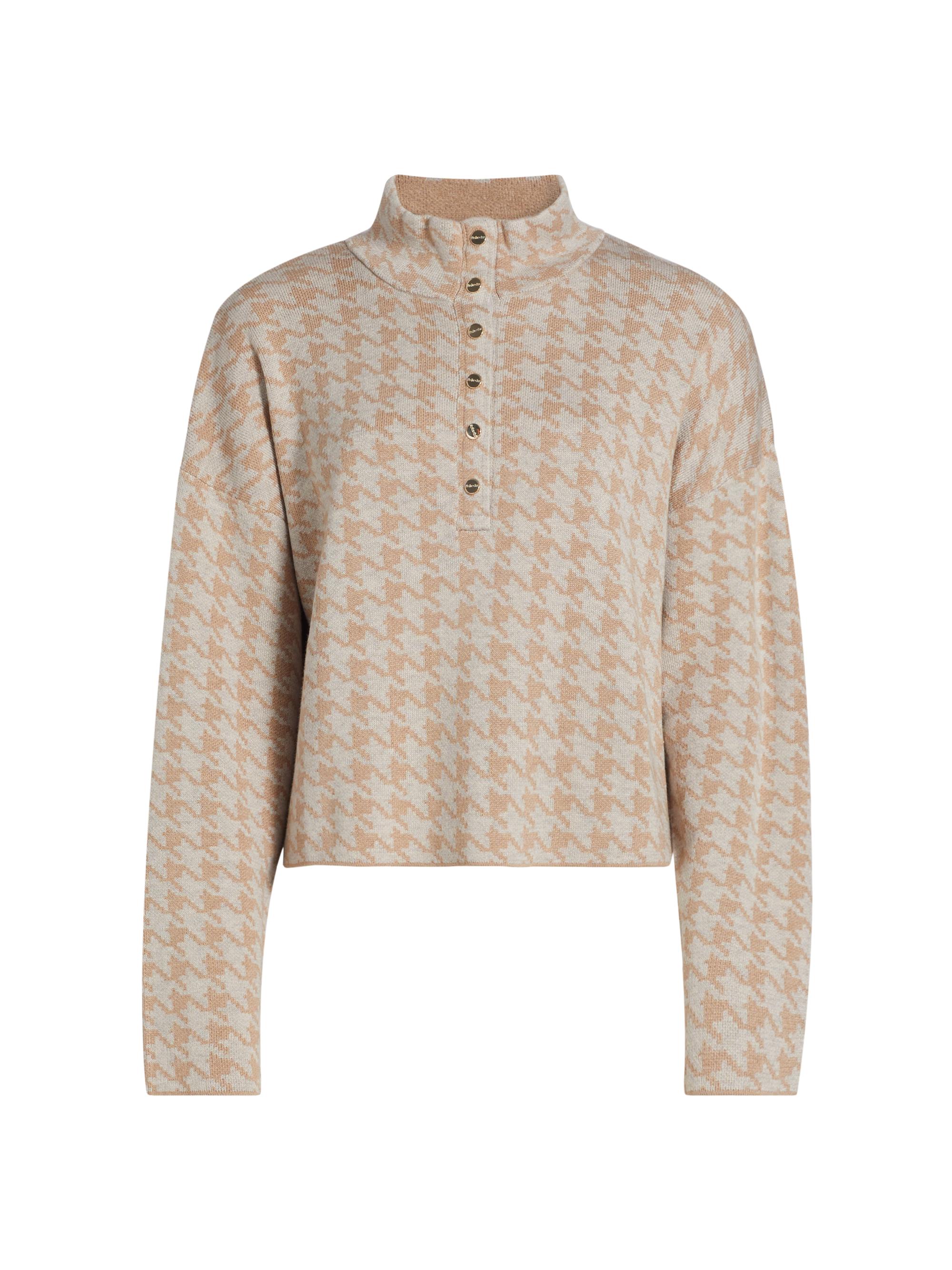 Stellae Dux Women's Snap Placket Funnel Neck Sweater - Toast Heather Camel