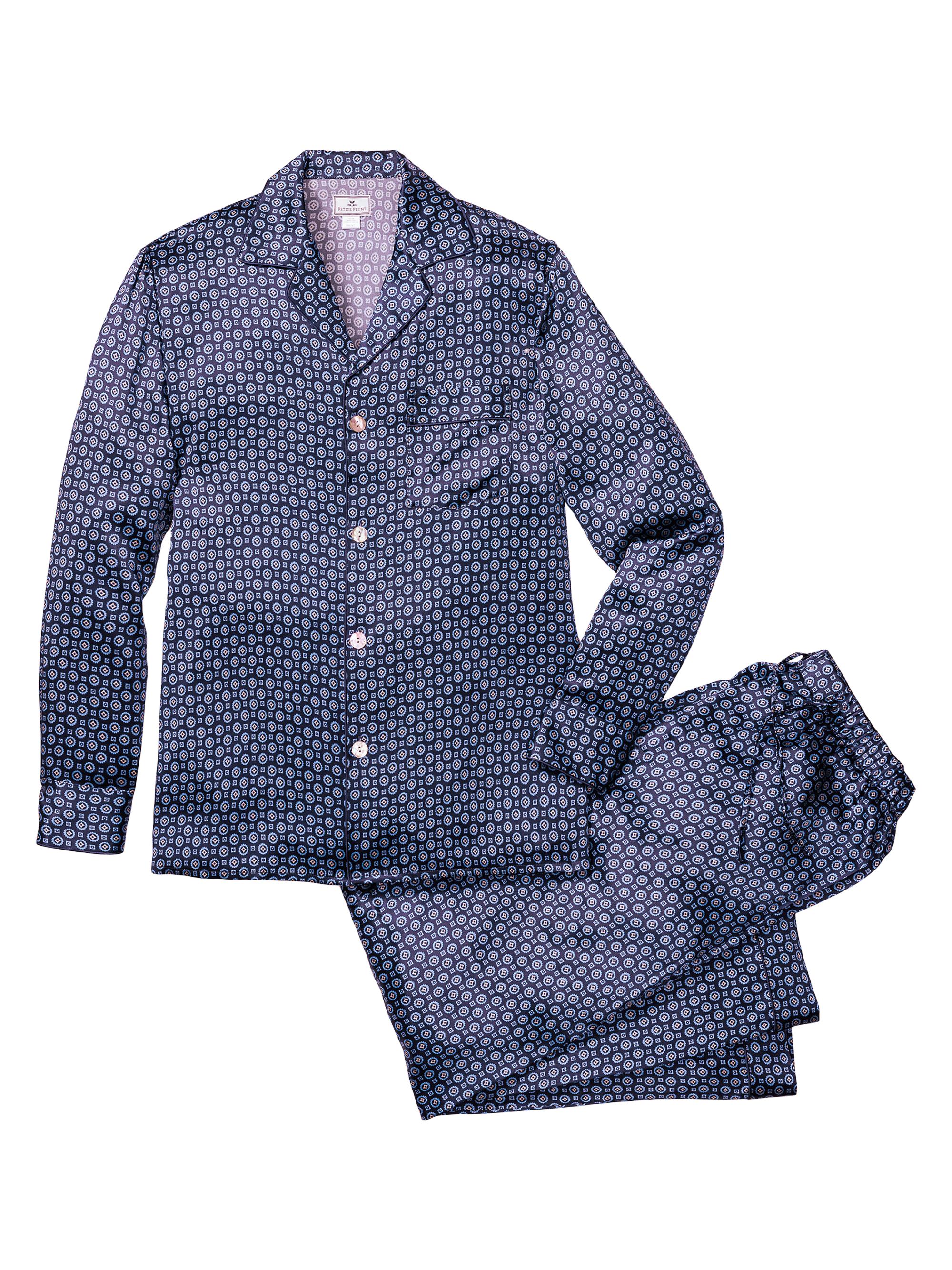 Petite Plume Men's Geometric Mulberry Silk Pajamas - Navy