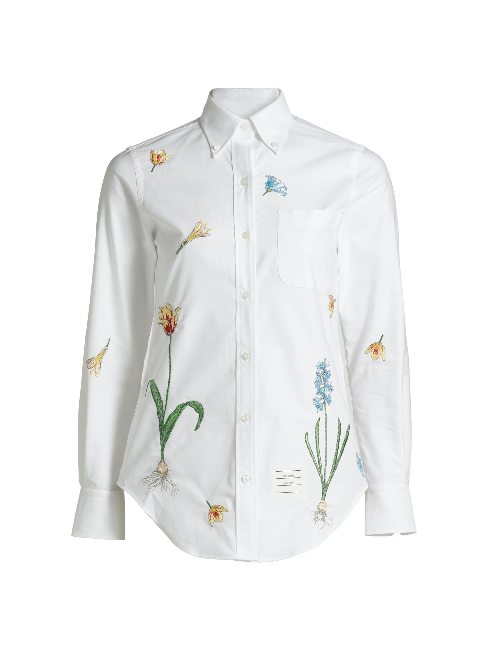 Thom Browne Women's Embroidered Floral Cotton Shirt - White