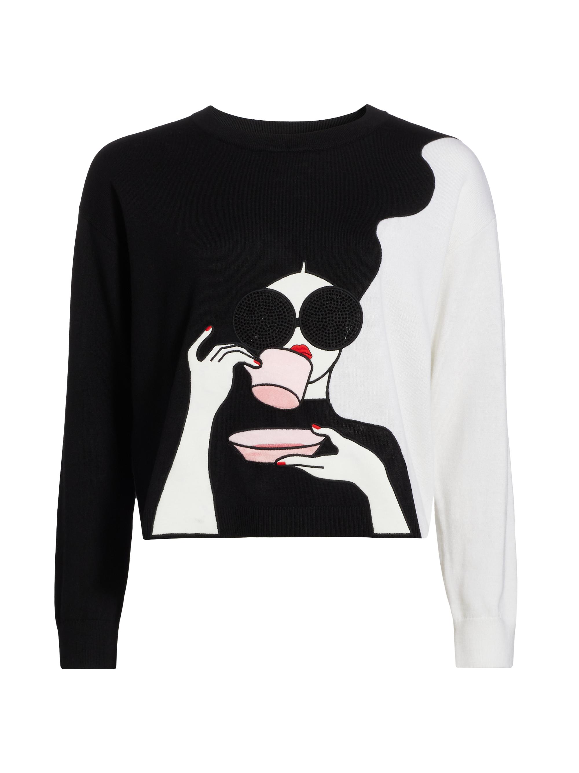 Alice + Olivia Women's Gleeson Stace Face Embellished Sweater - Black Soft White