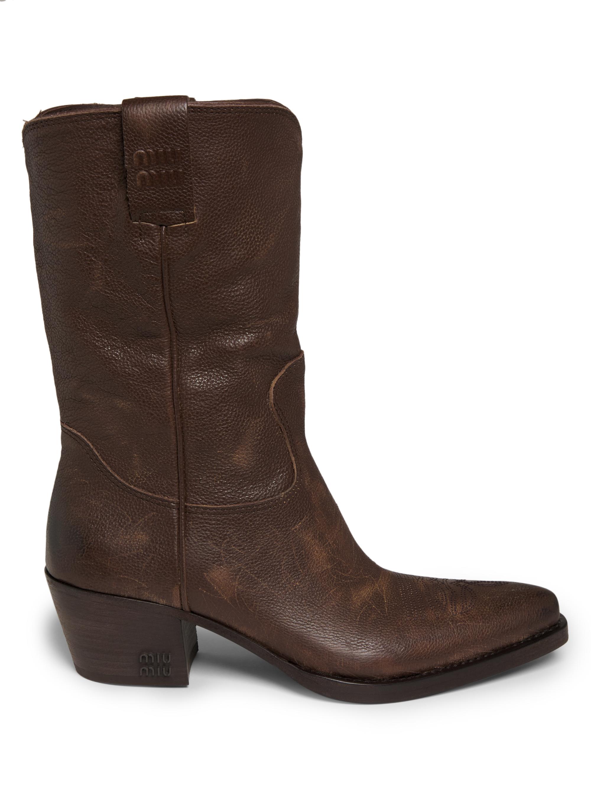 Miu Miu Women's Distressed Leather Western Boots - Cacao