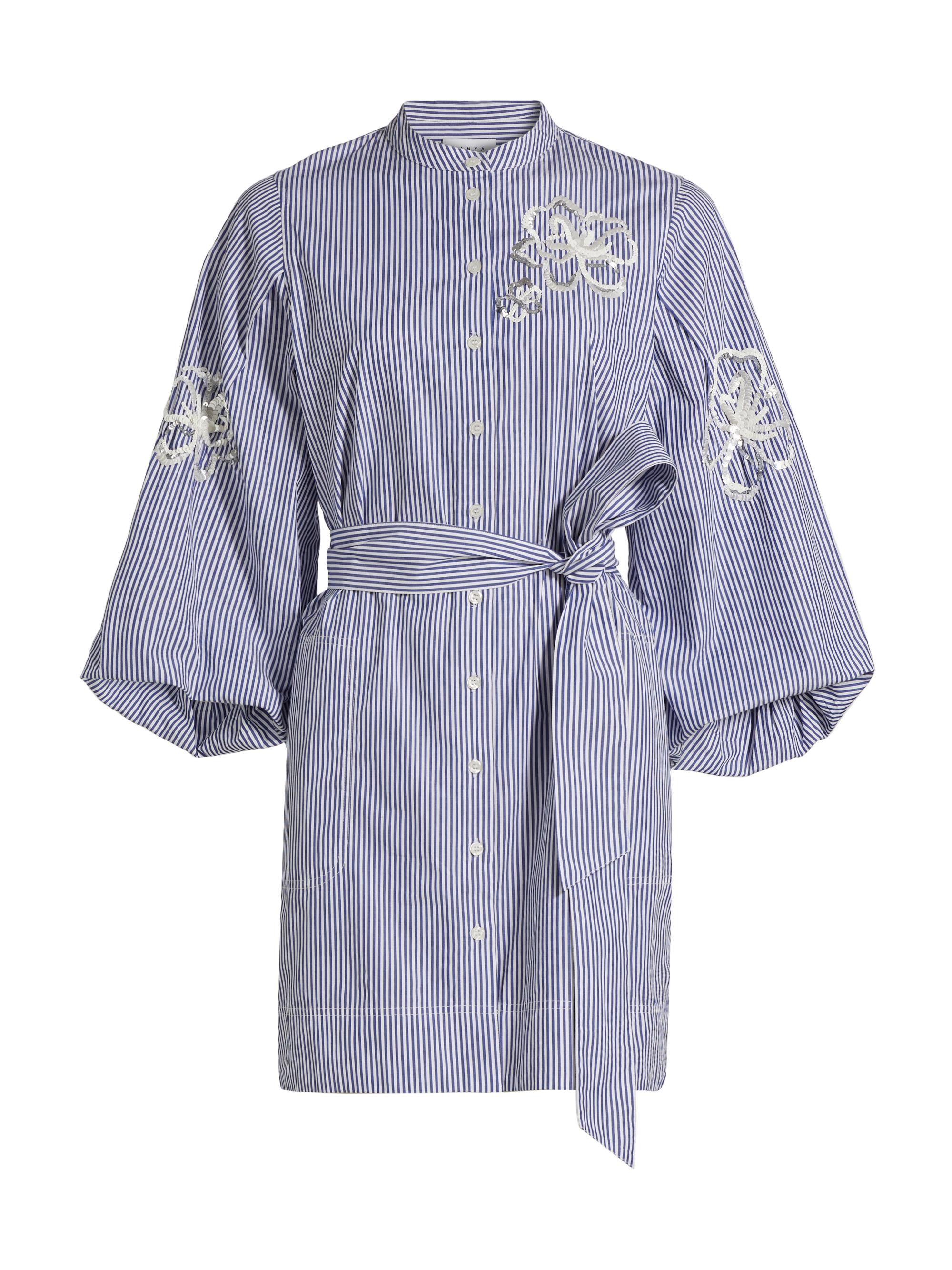Tanya Taylor Women's Madelyn Sequined Striped Shirtdress - Blue Optic White