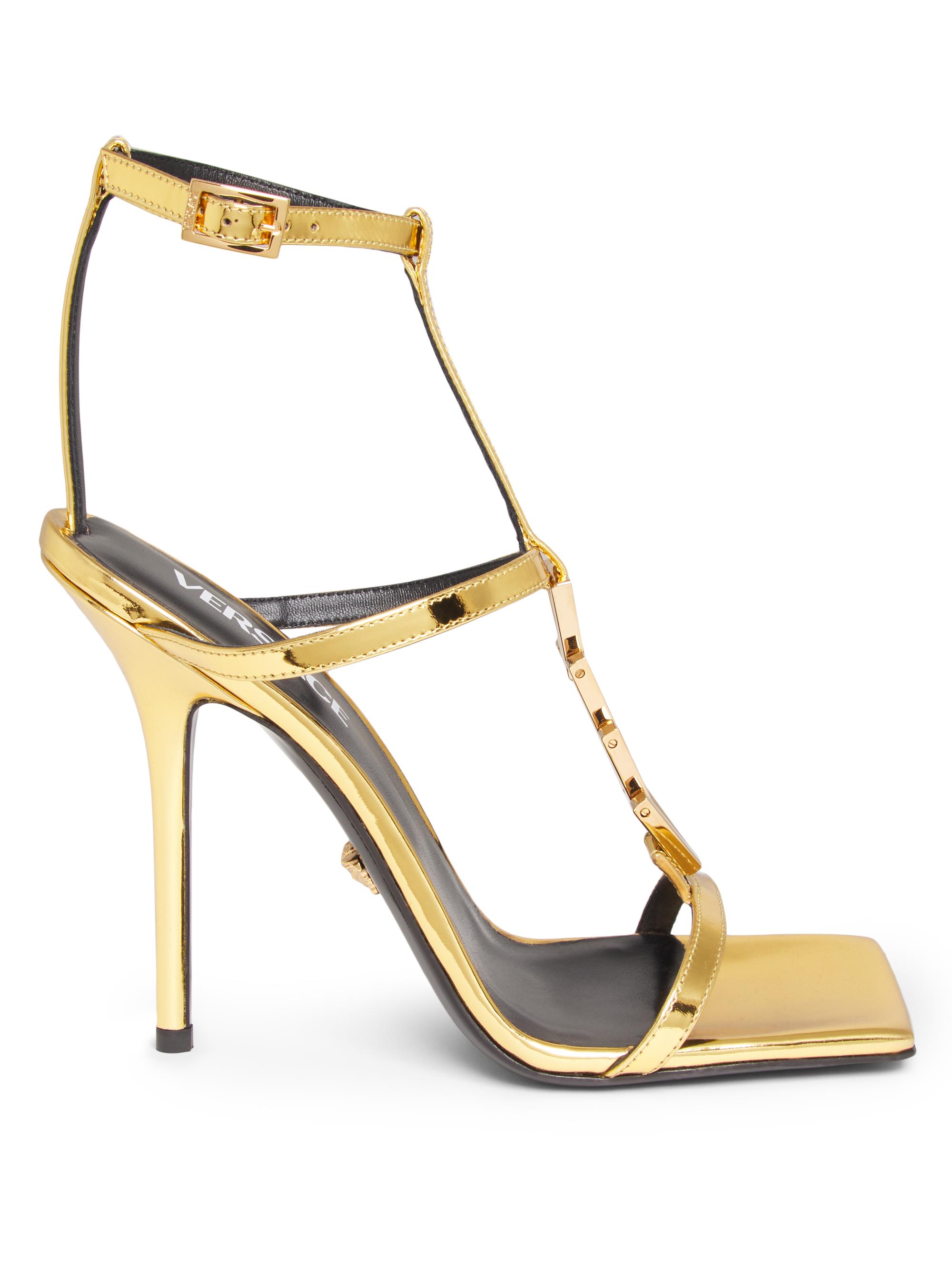 Versace Women's Chain 105MM Metallic Leather Heeled Sandals - Gold
