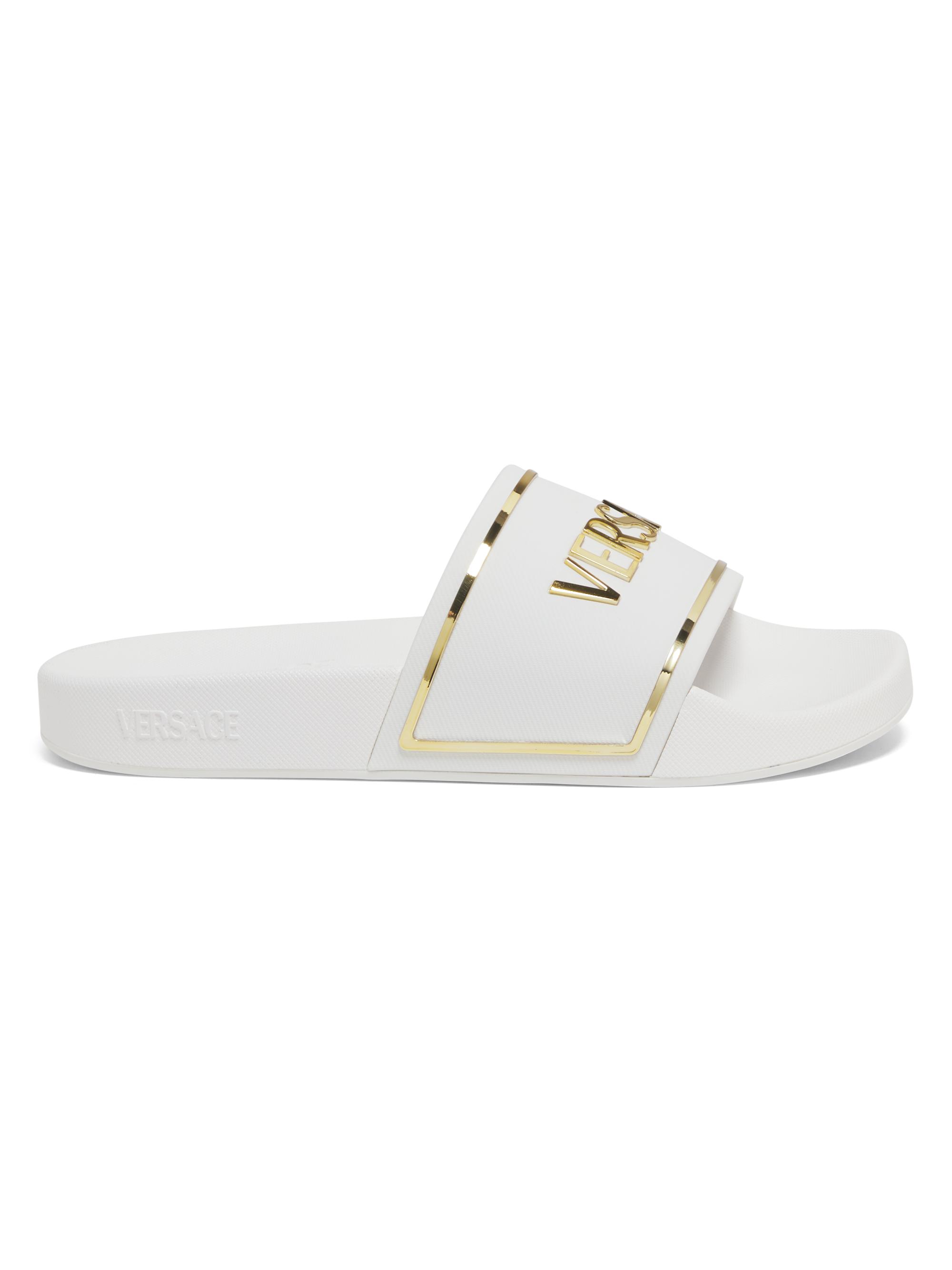 Versace Women's Hardware Logo Slides - Porcelain White  Gold  Sandals