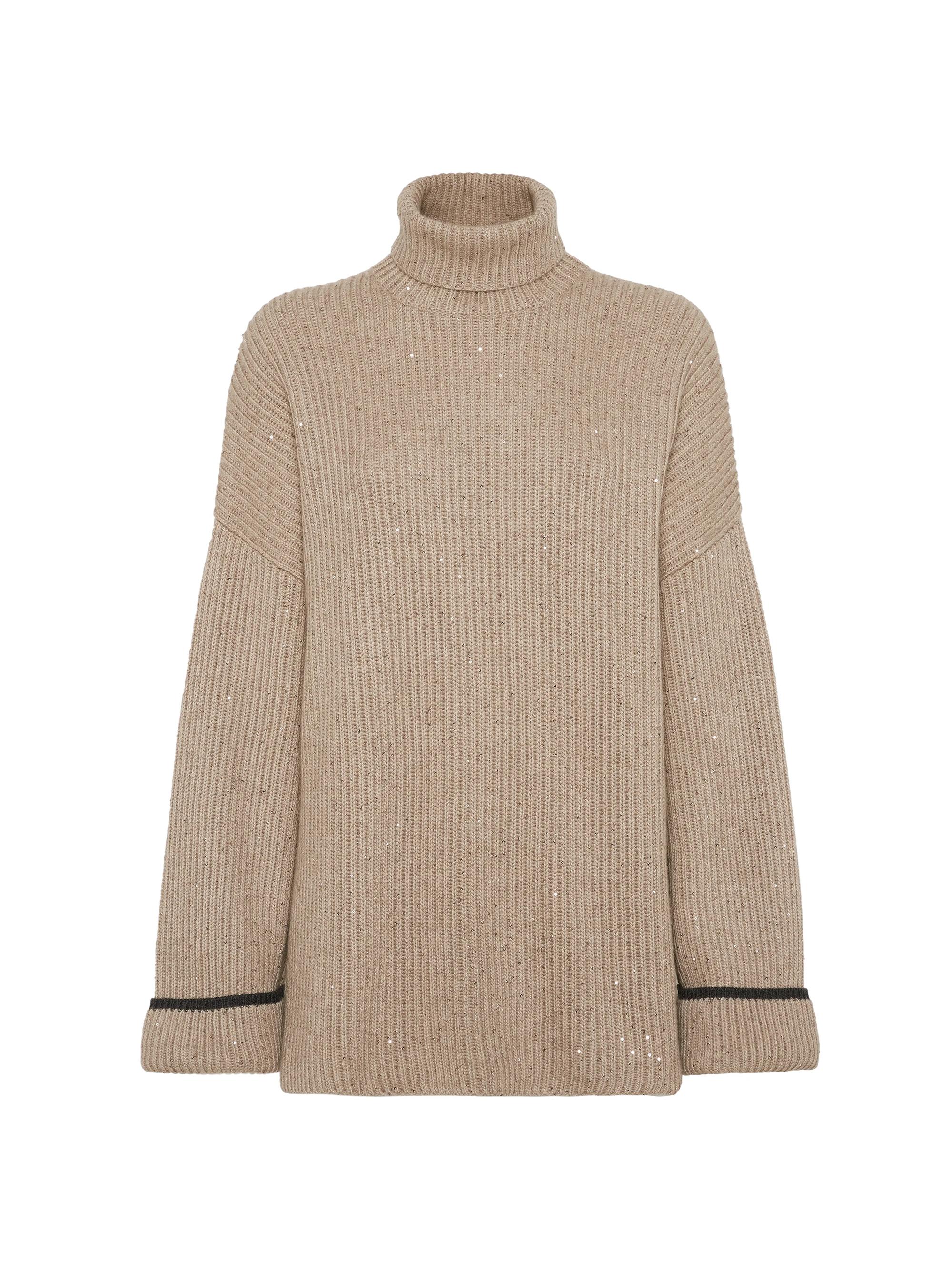 Brunello Cucinelli Women's Dazzling Cashmere and Silk English Rib Turtleneck Sweater - Brown