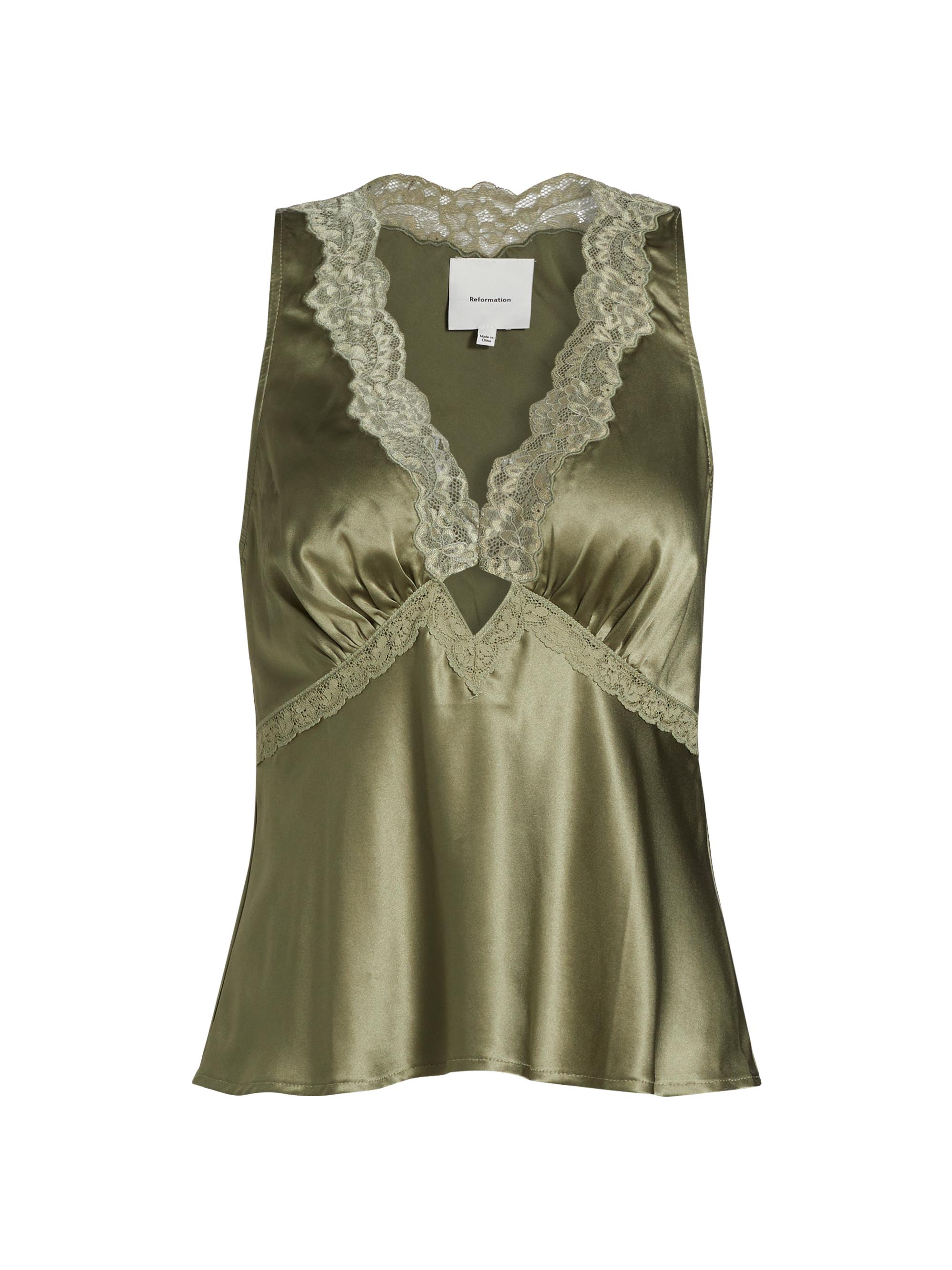 Reformation Women's Aliceyn Lace-Trim Silk Top - Aloe Vera